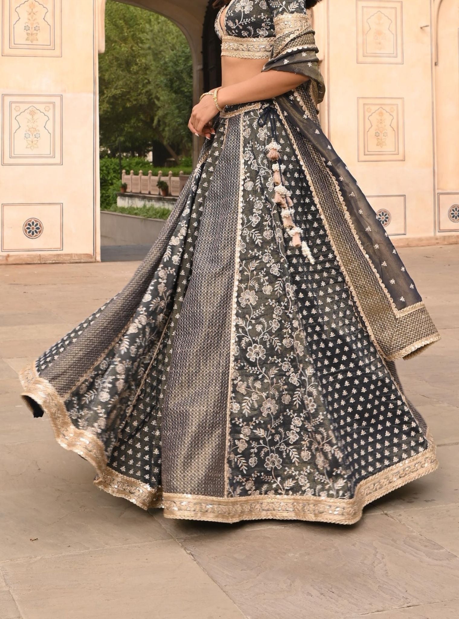 Deewani Luxe Tissue Satin Navy Lehenga