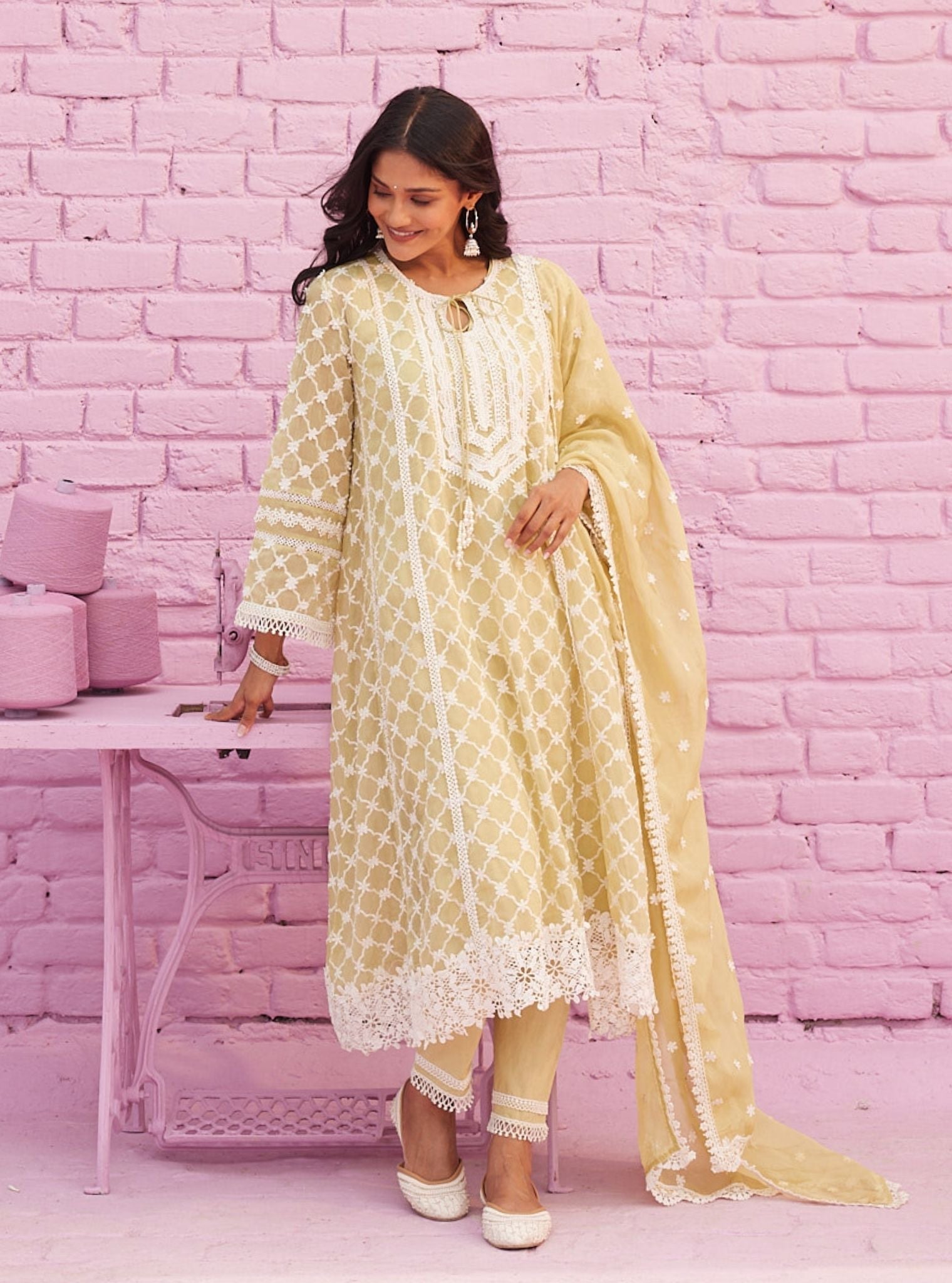 Percy Organza Lime Green Anarkali Kurta Set