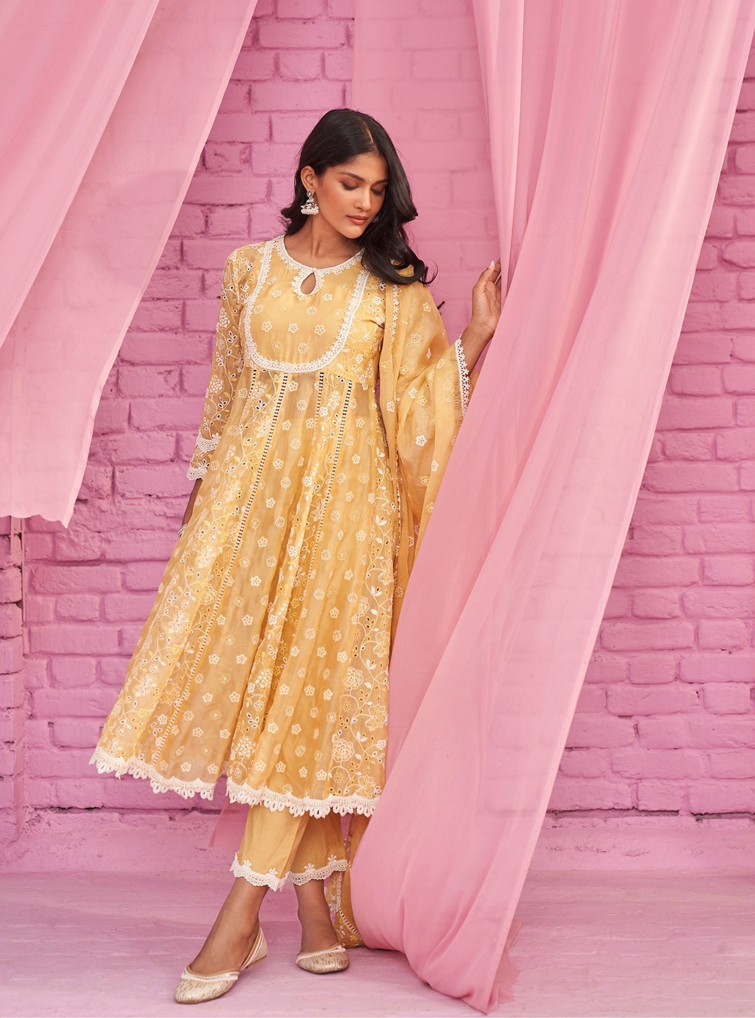 Britney Organza Yellow Anarkali Kurta Set