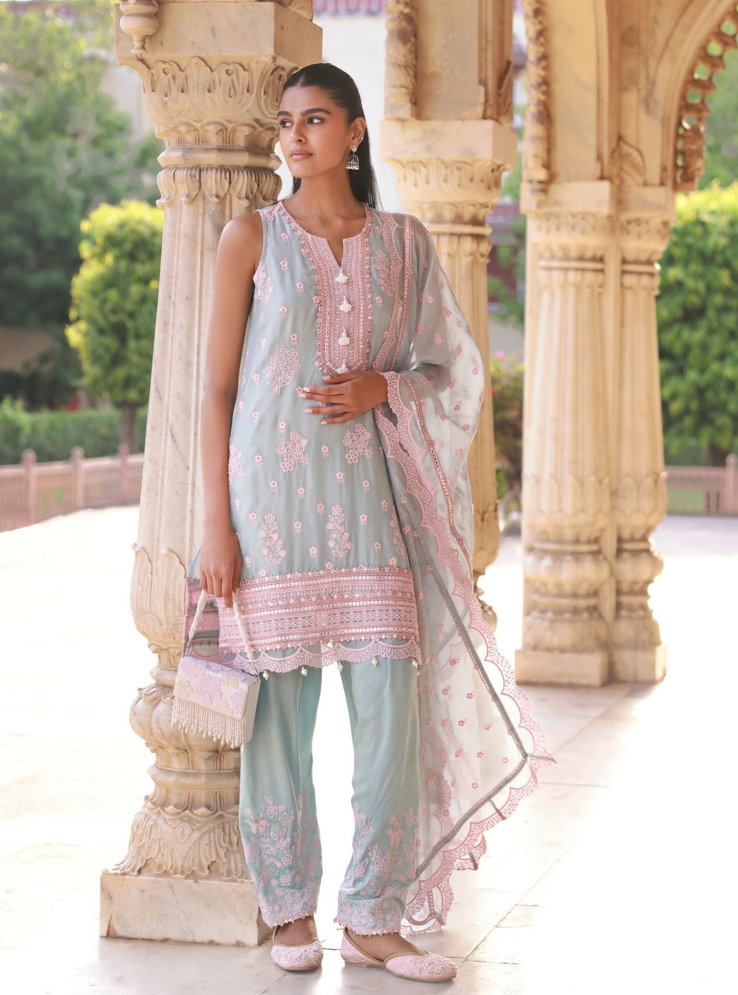 Taveli Organza Light Blue & Pink Kurta Set