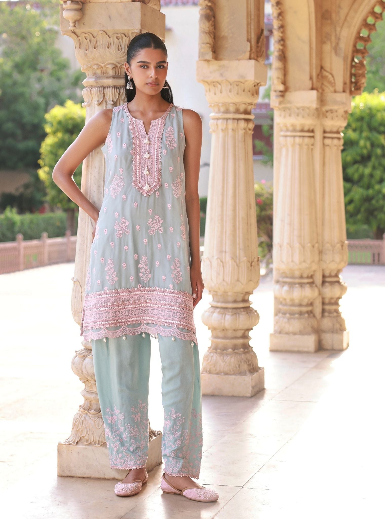 Taveli Organza Light Blue & Pink Kurta Set