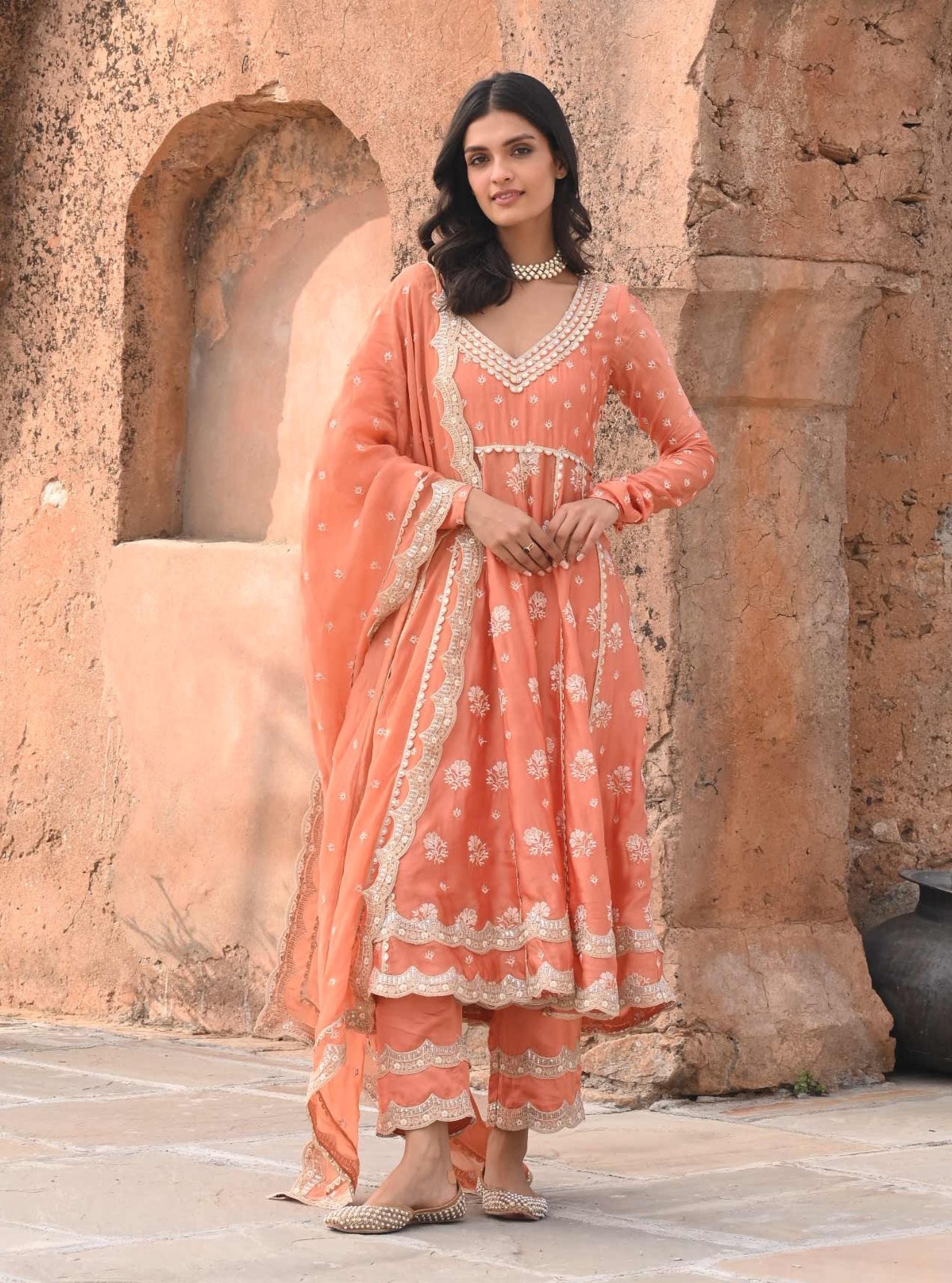 Tareefan Organza Satin Burnt Orange Anarkali Kurta Set