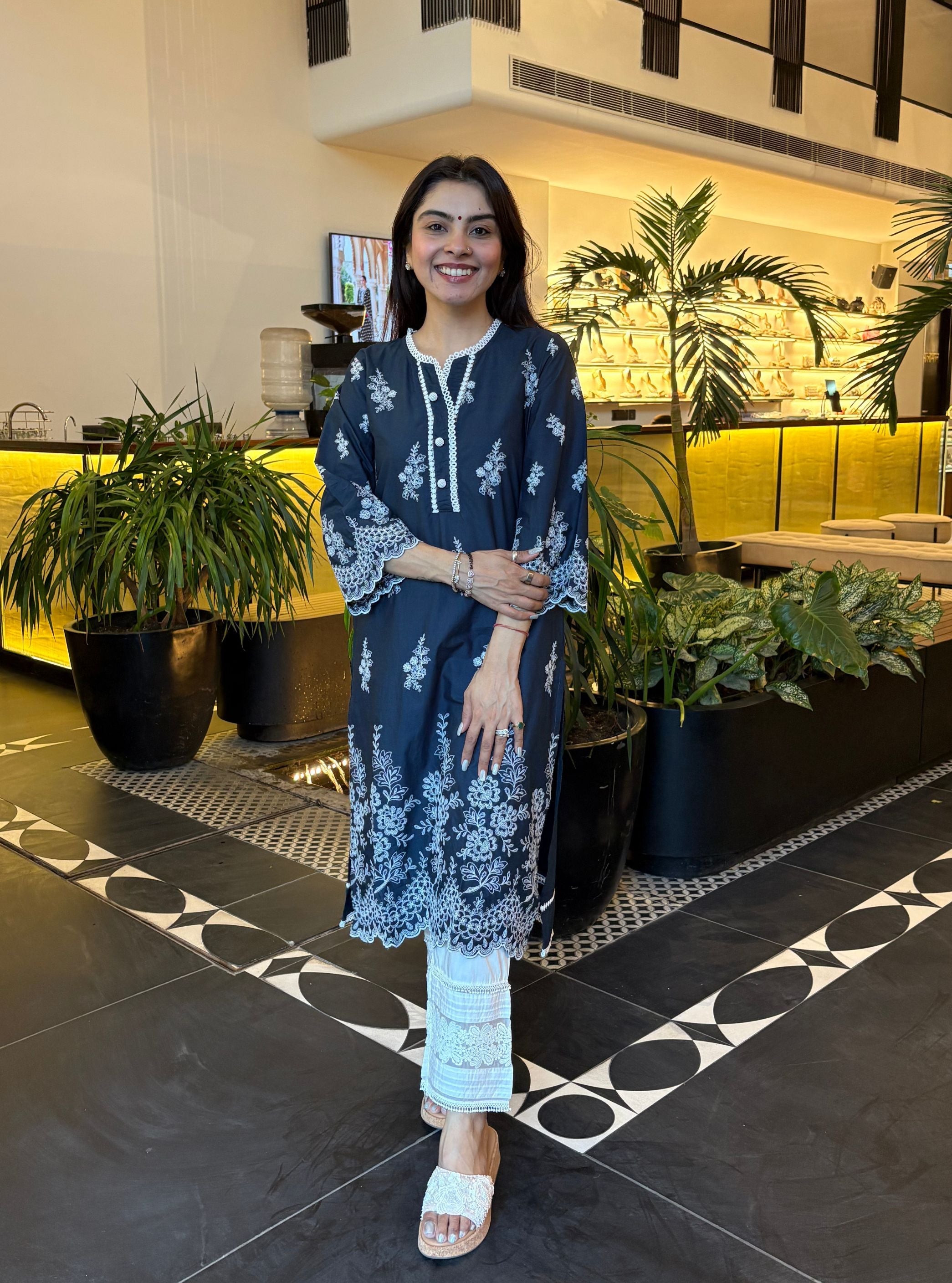 Moon Light Supima Cotton Navy Kurta With New Pintuck White Pant