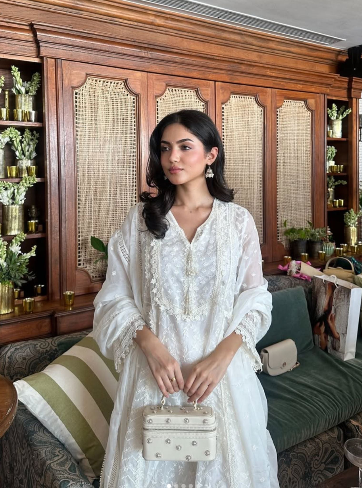 Mulmul Organza Keerth White Anarkali Kurta With Mulmul Cotton Keerth White Pant
