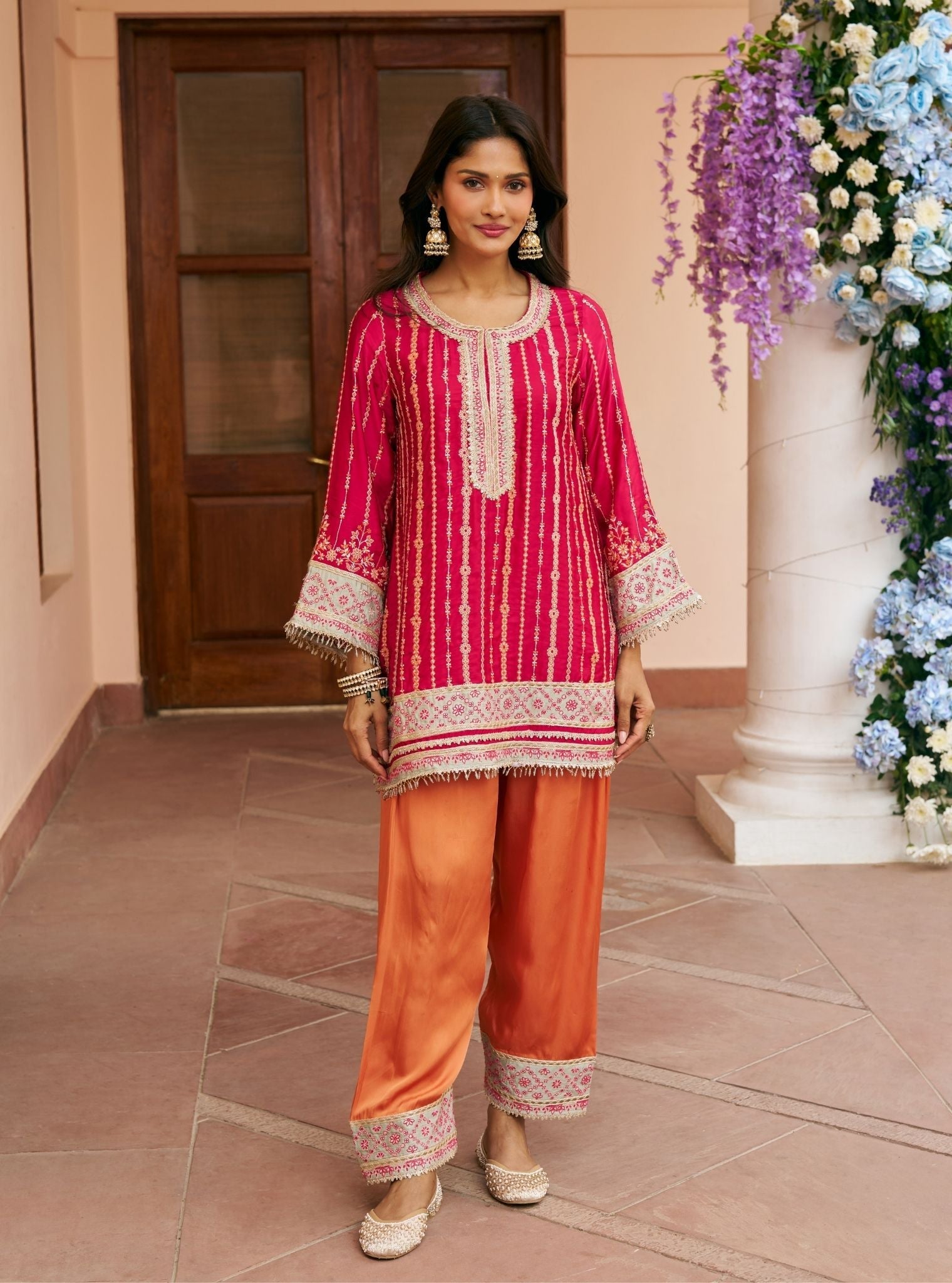Jhumri Cupro Satin Rani Pink Kurta Set
