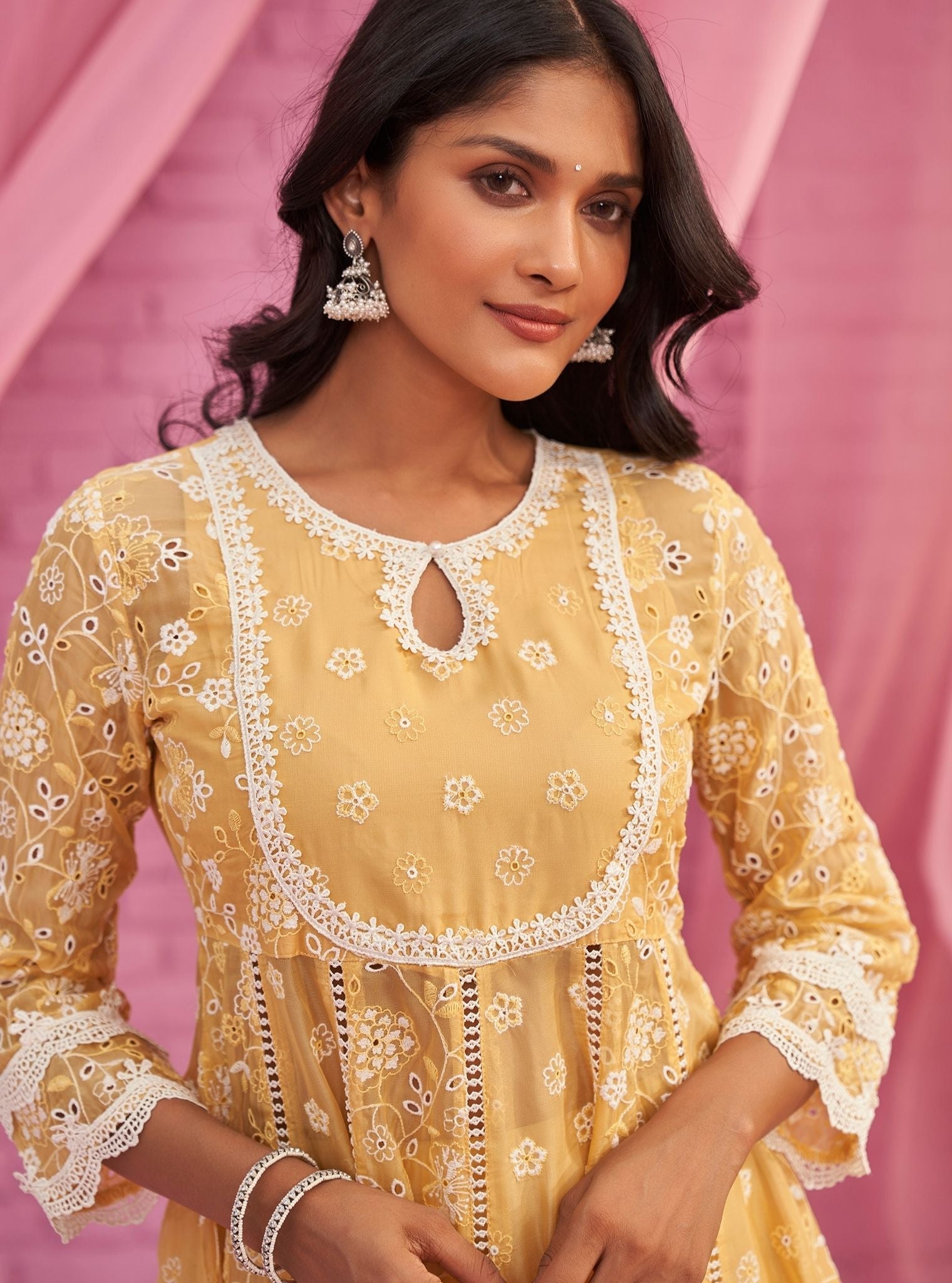 Britney Organza Yellow Anarkali Kurta Set