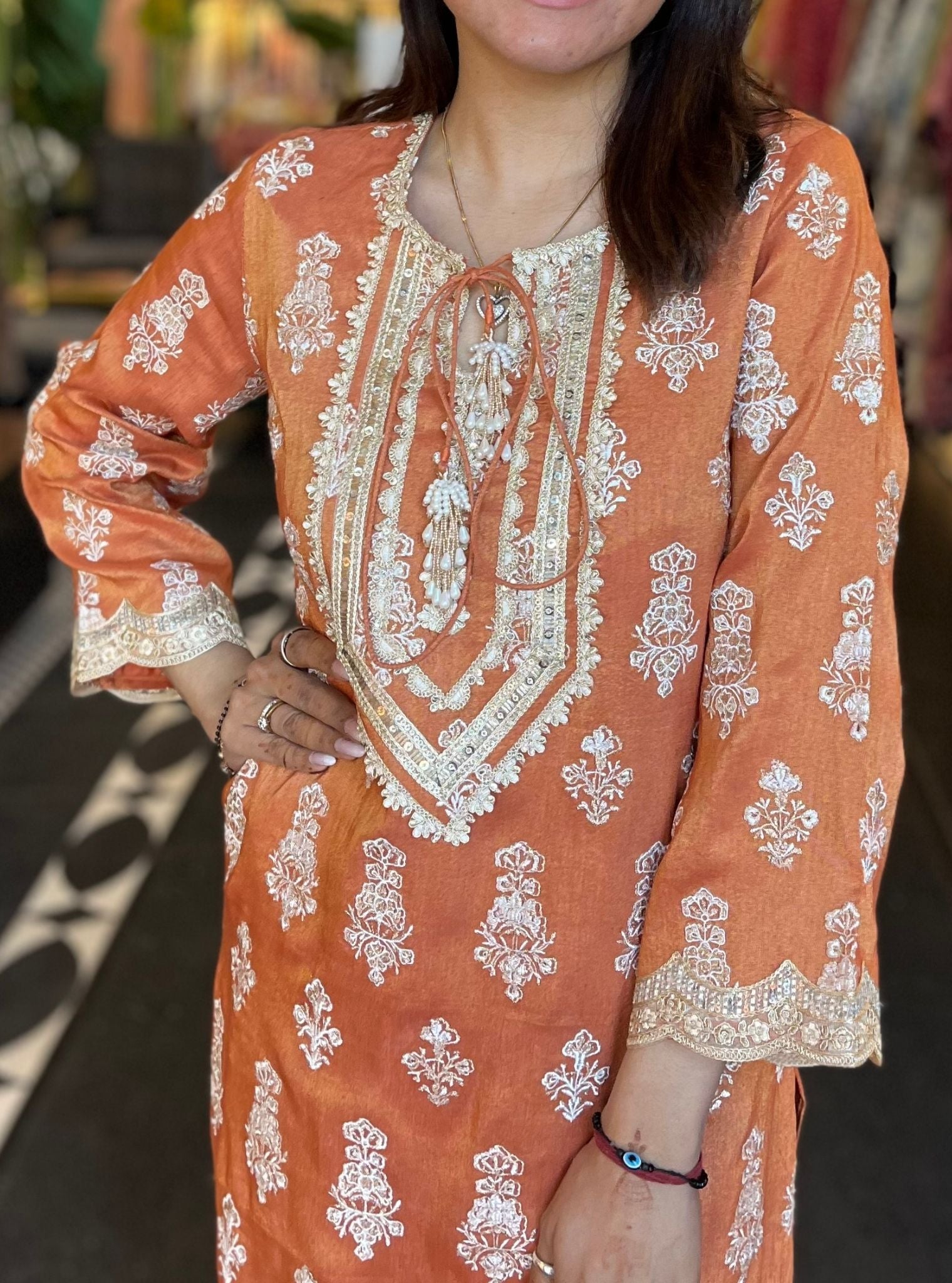 Intira Tissue Linen Satin Burnt Orange Kurta Set