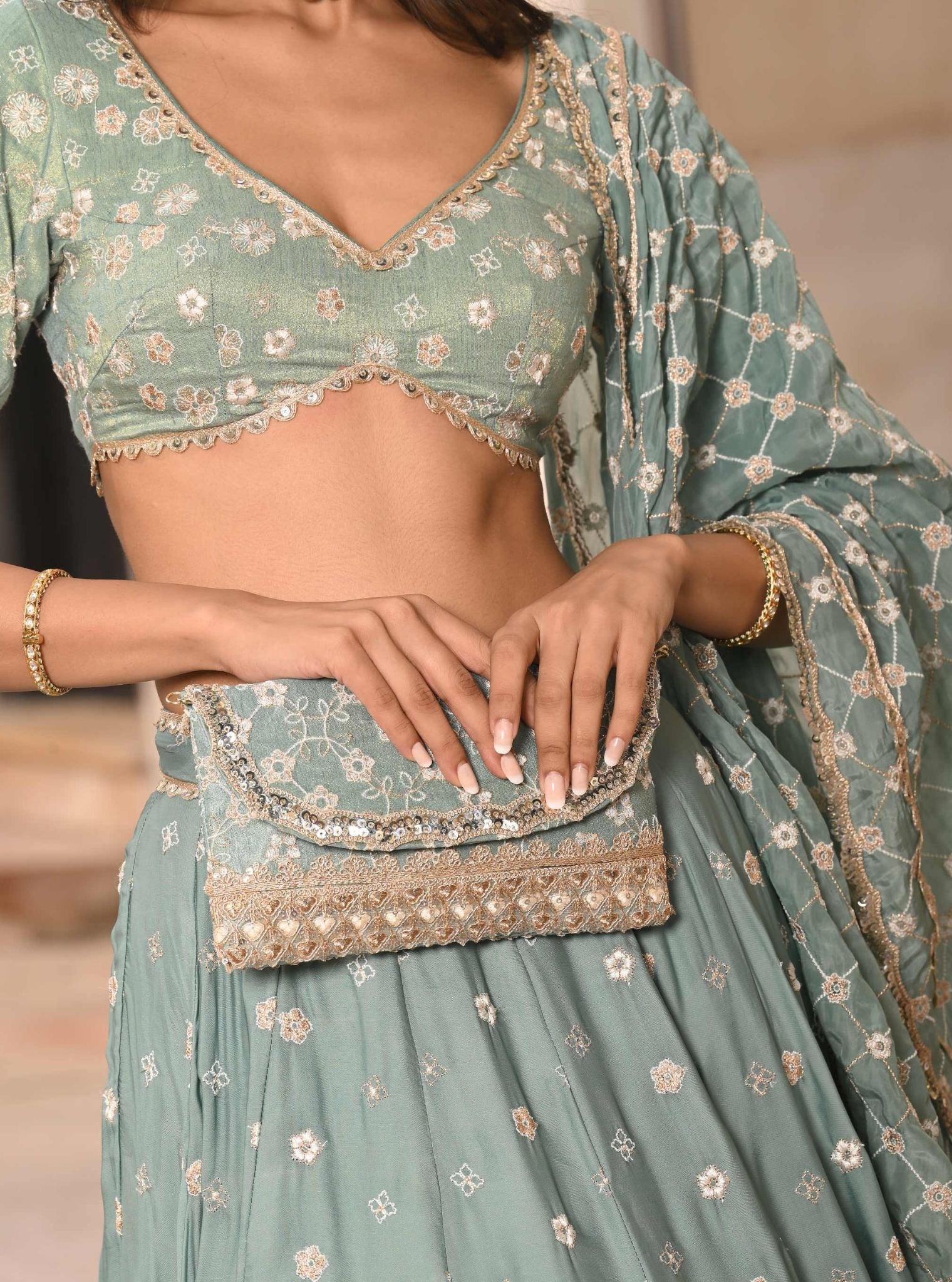 Baliye Organza Satin Teal Blue Lehenga