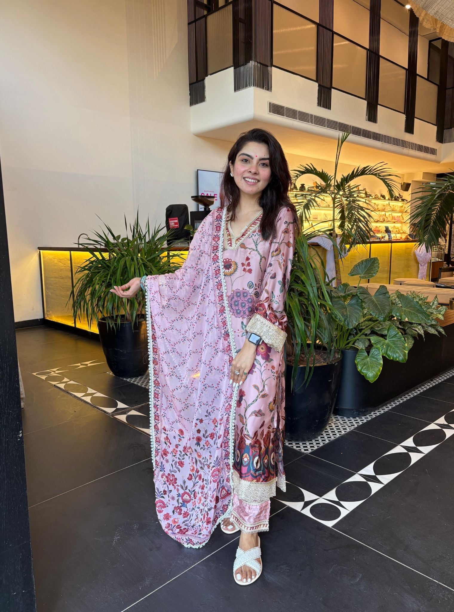 Diantha Cupro Satin Printed Light Pink Kurta Set