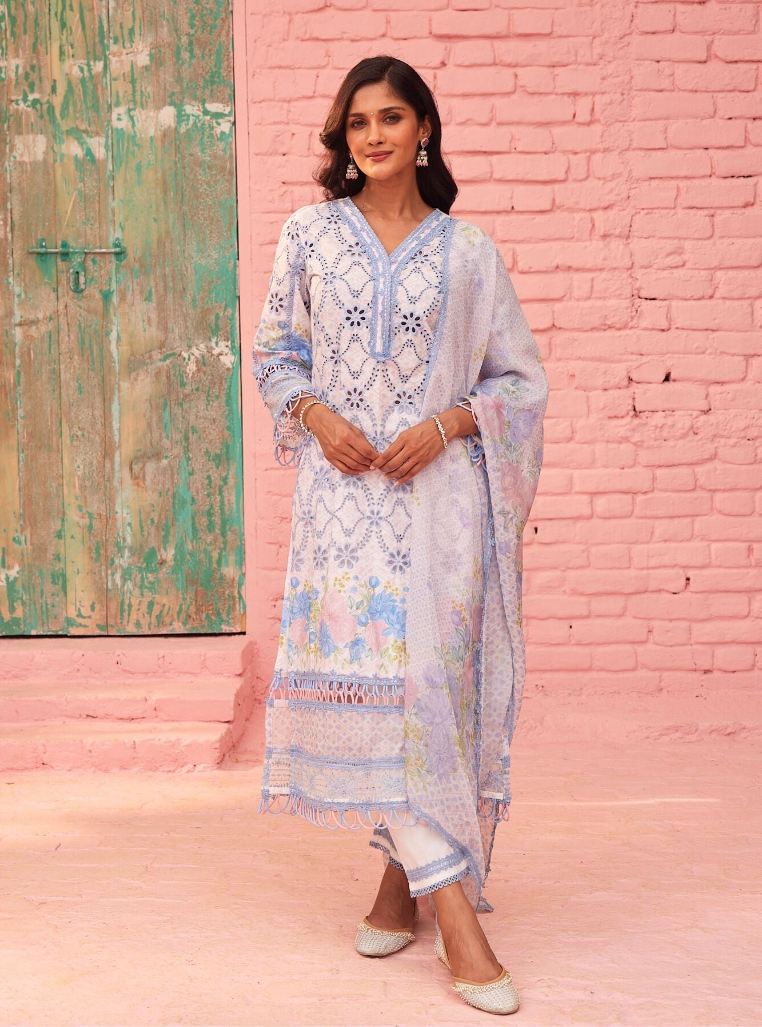 Poema Supima Cotton Printed White Kurta Set