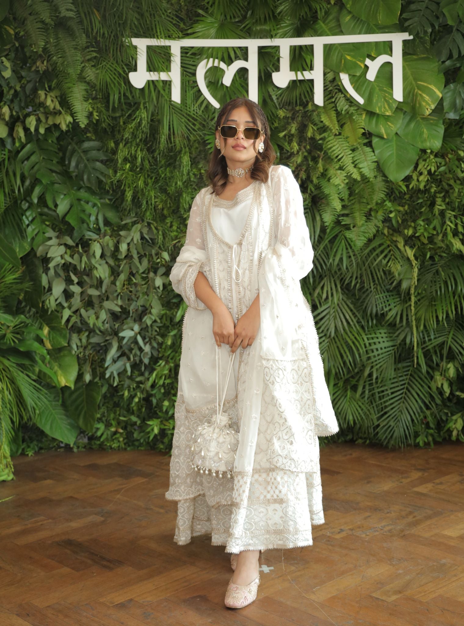 Mulmul Organza Dilruba Off White Anarkali Kurta With Mulmul Pima Satin Dilruba Off White Pant