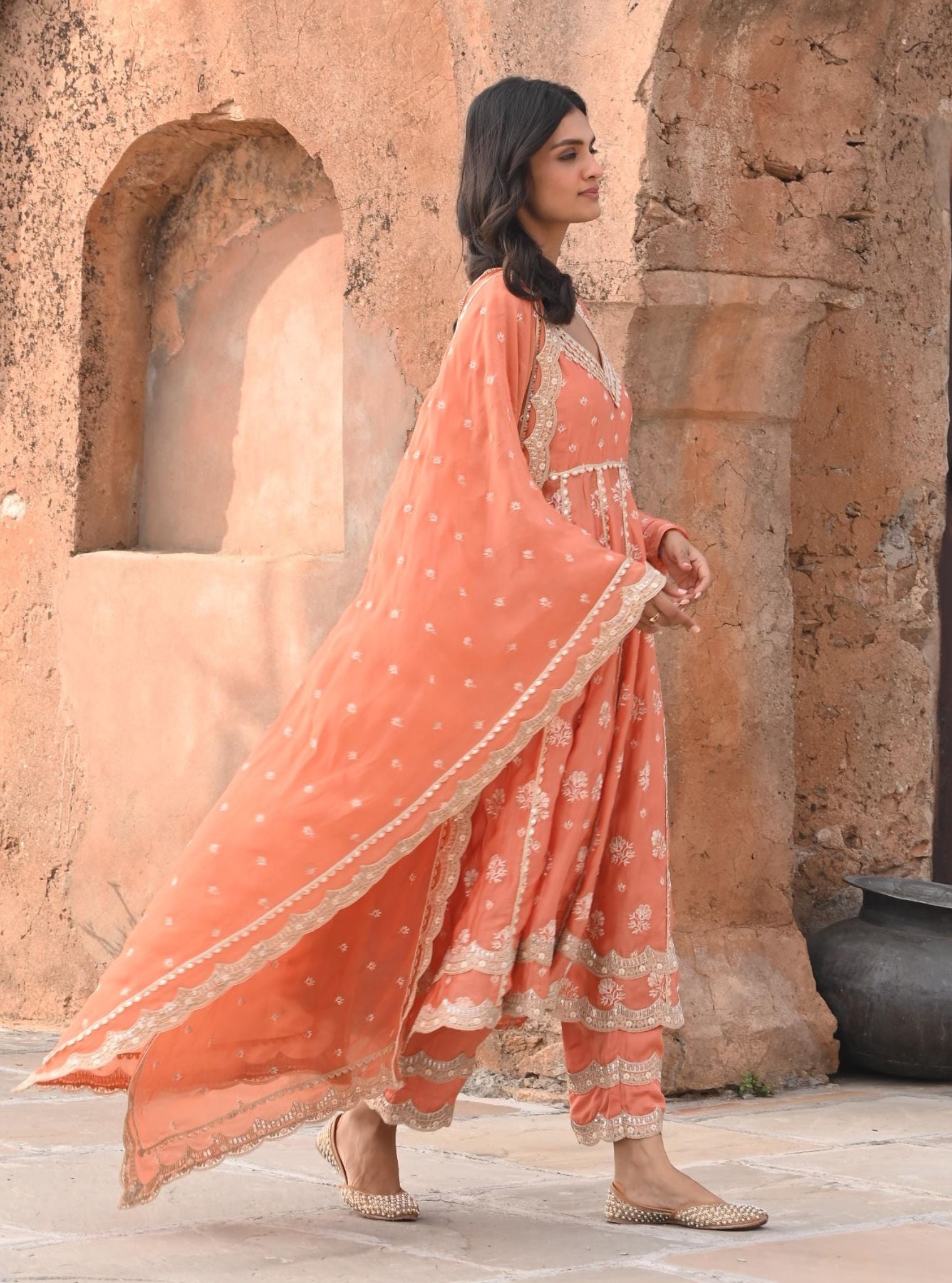 Tareefan Organza Satin Burnt Orange Anarkali Kurta Set