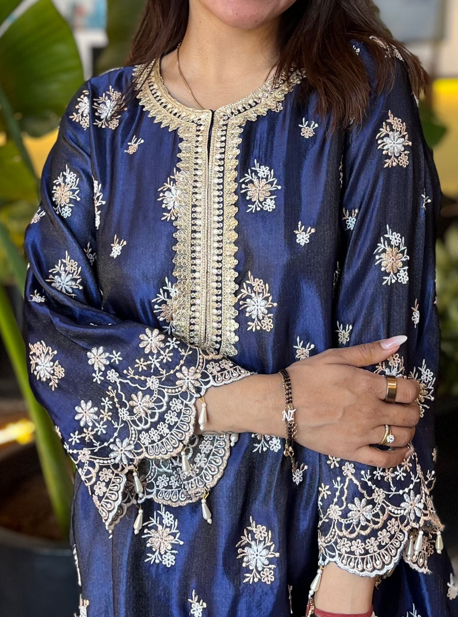 Kangna Tissue Linen Satin Navy Kurta Set