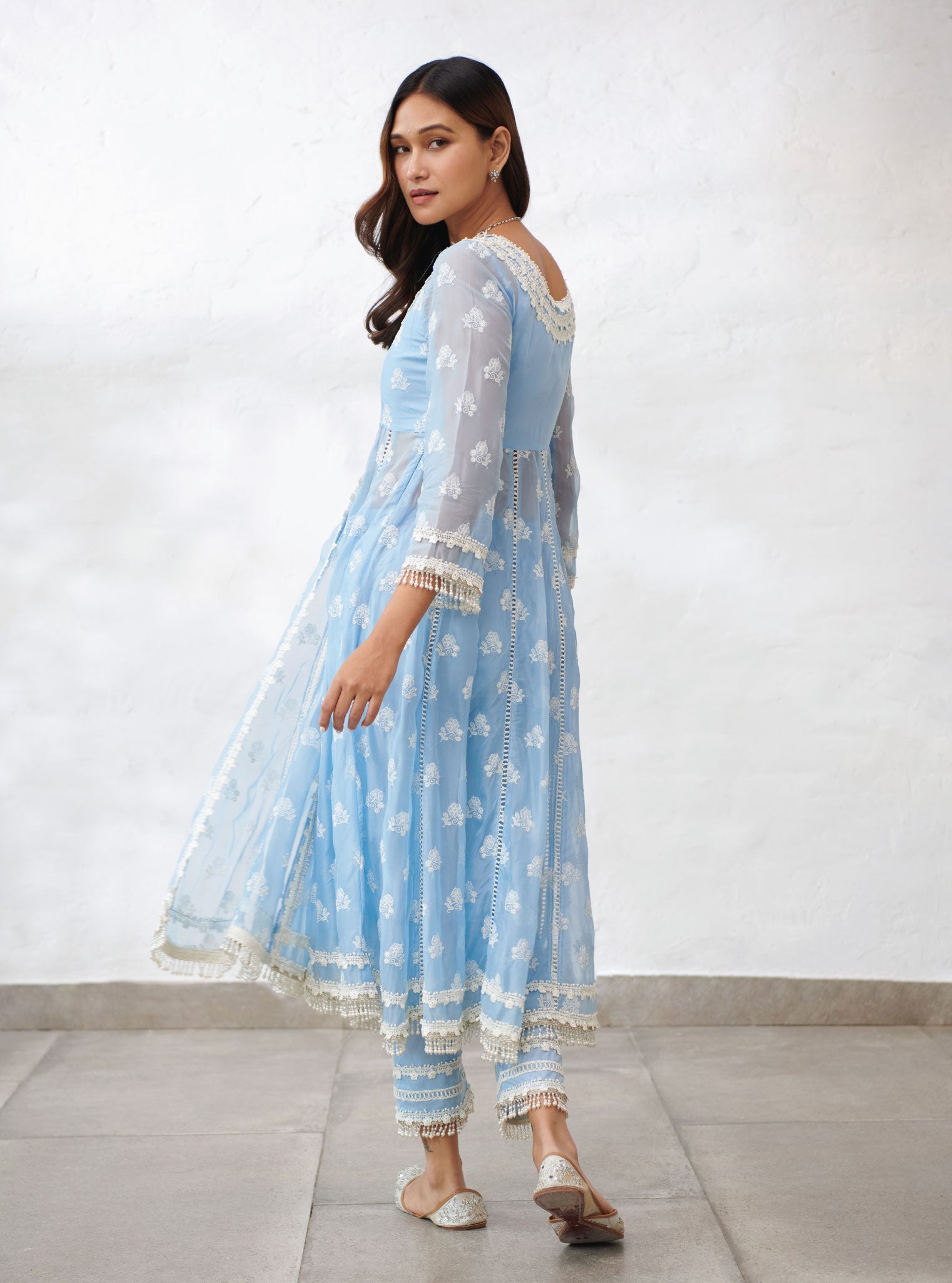 Mulmul Organza Somerset Blue Anarkali Kurta With Cotton Somerset Blue Pant