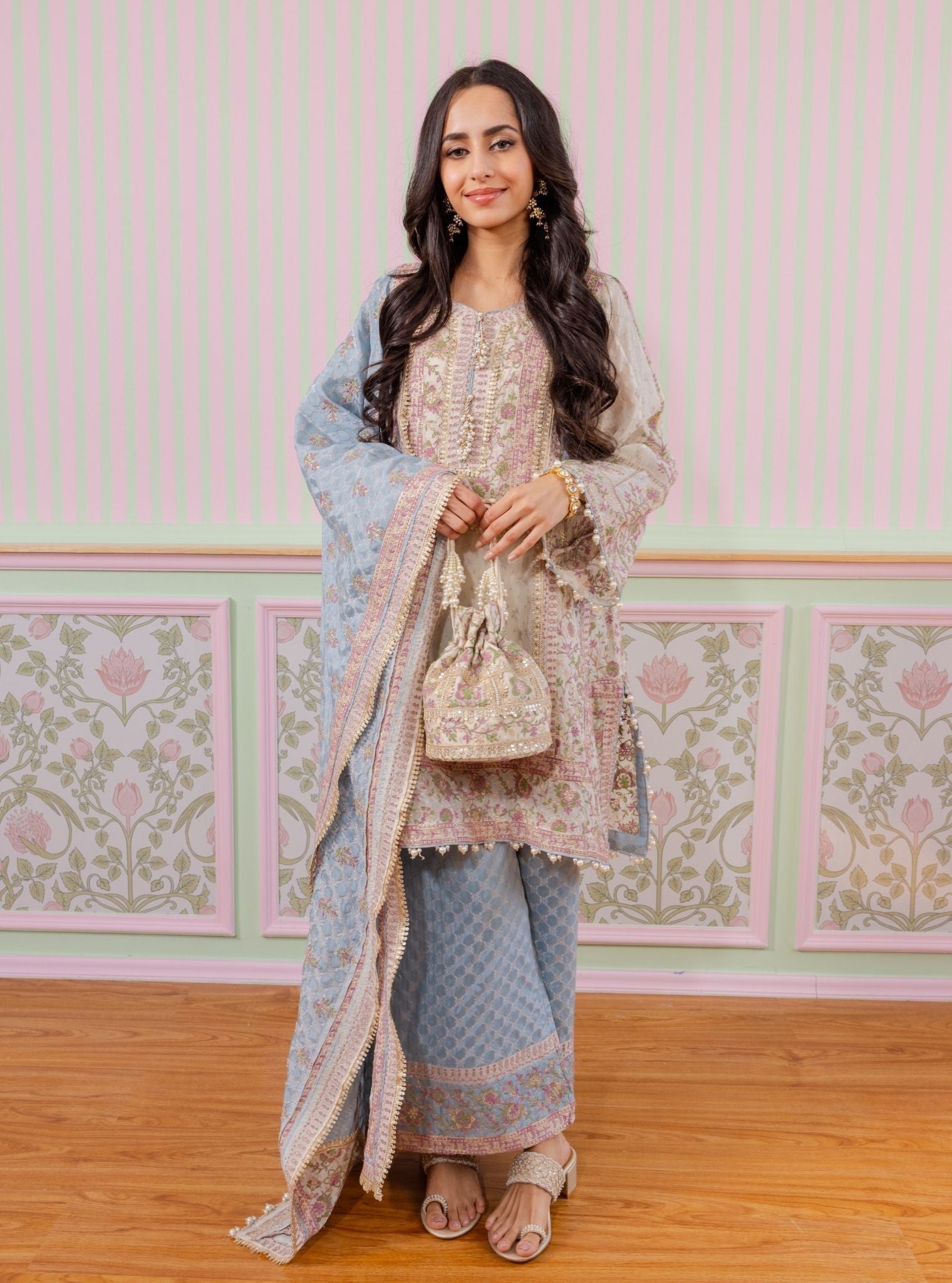 Mangal Banarsi Off White Kurta With Blue Pant