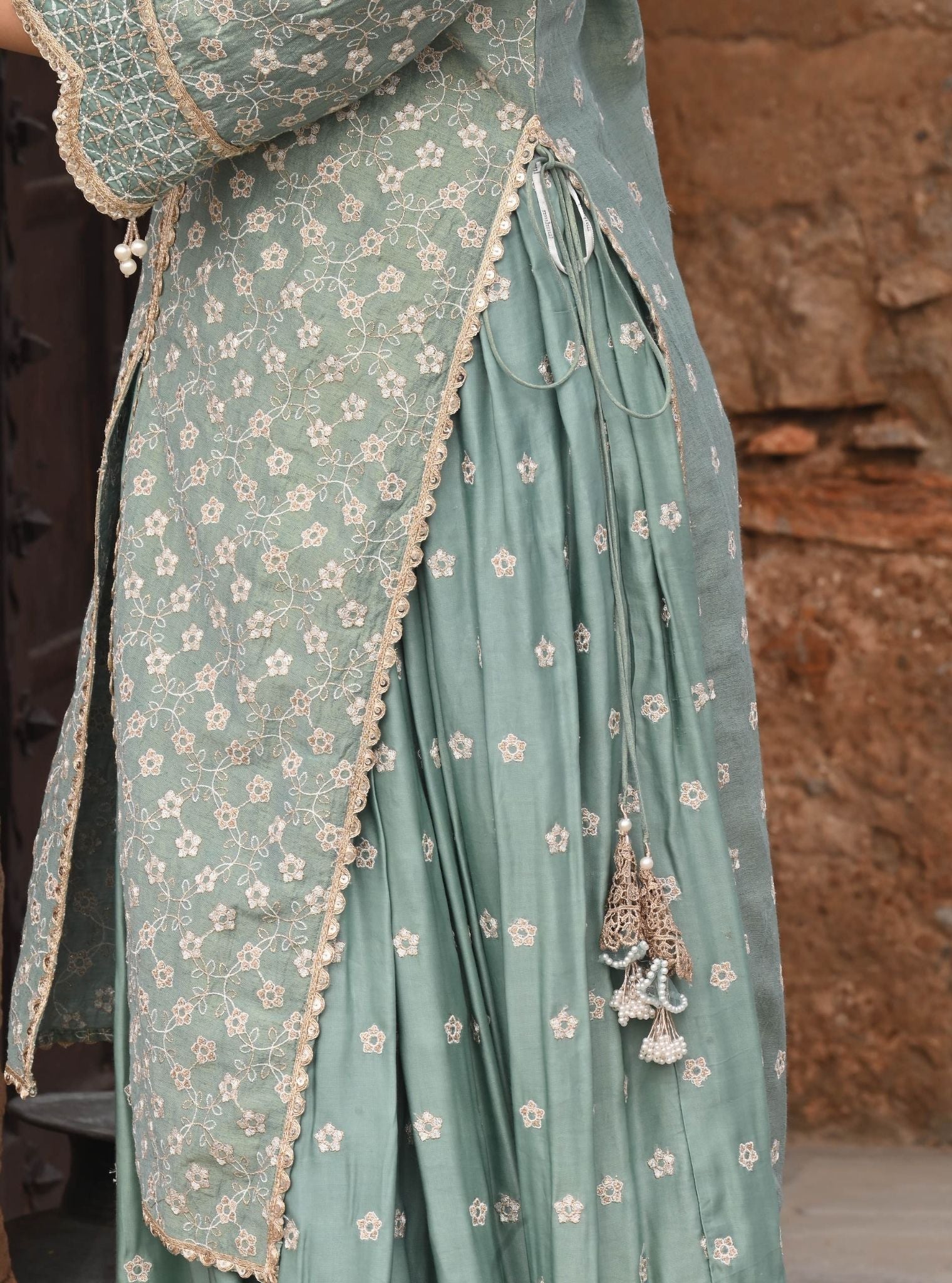 Maaeri Luxe Tissue Satin Teal Blue Kurta with Skirt Set