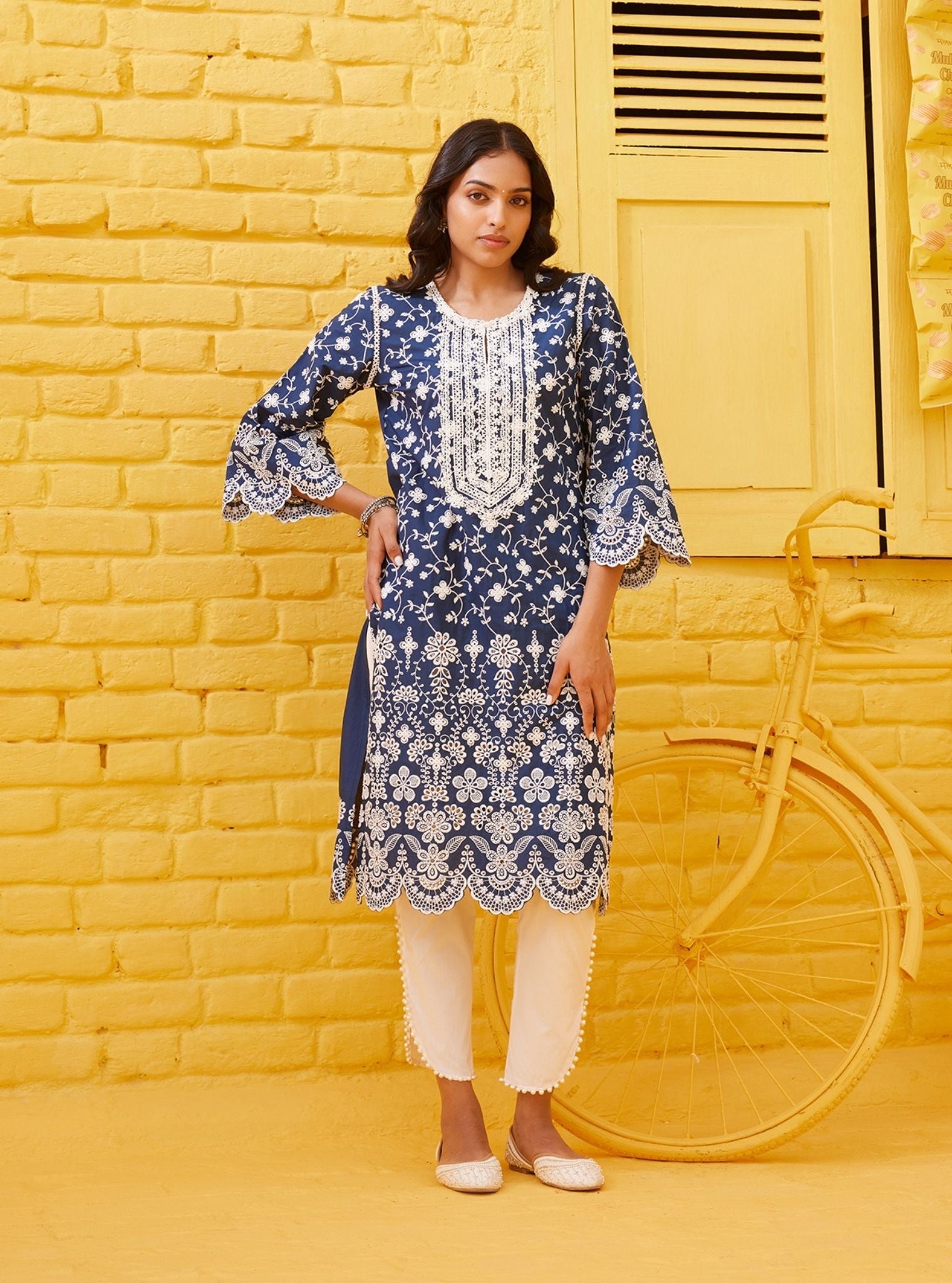 Mulmul Supima Cotton Gauri Navy Kurta