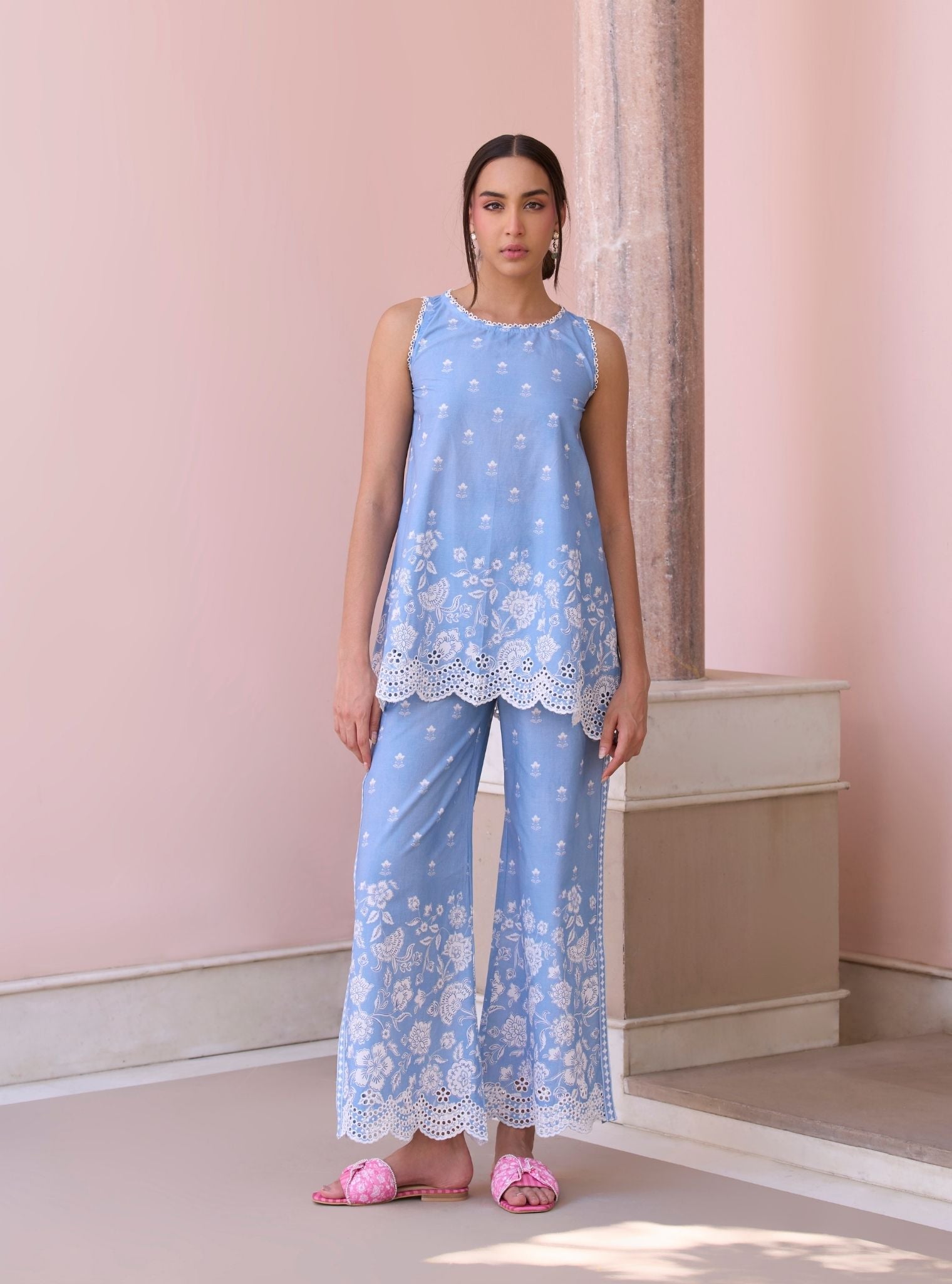 Zeenat Steel Blue Mulmul Supima Cotton Top Set