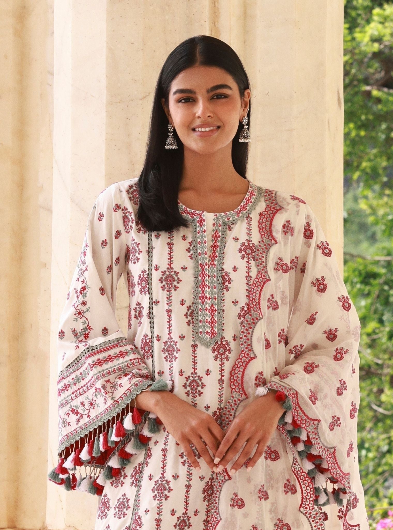 Lomeya Supima Cotton White & Fuschia Kurta Set