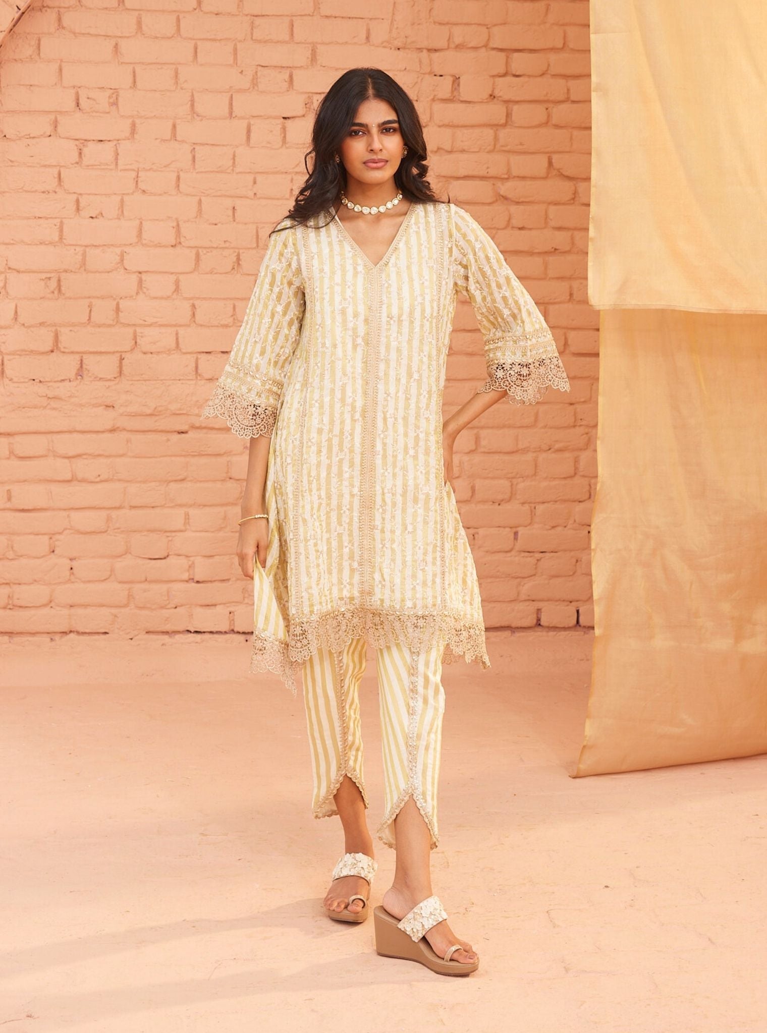 Caprina Banarsi Off White Kurta with Dhoti Pant Set