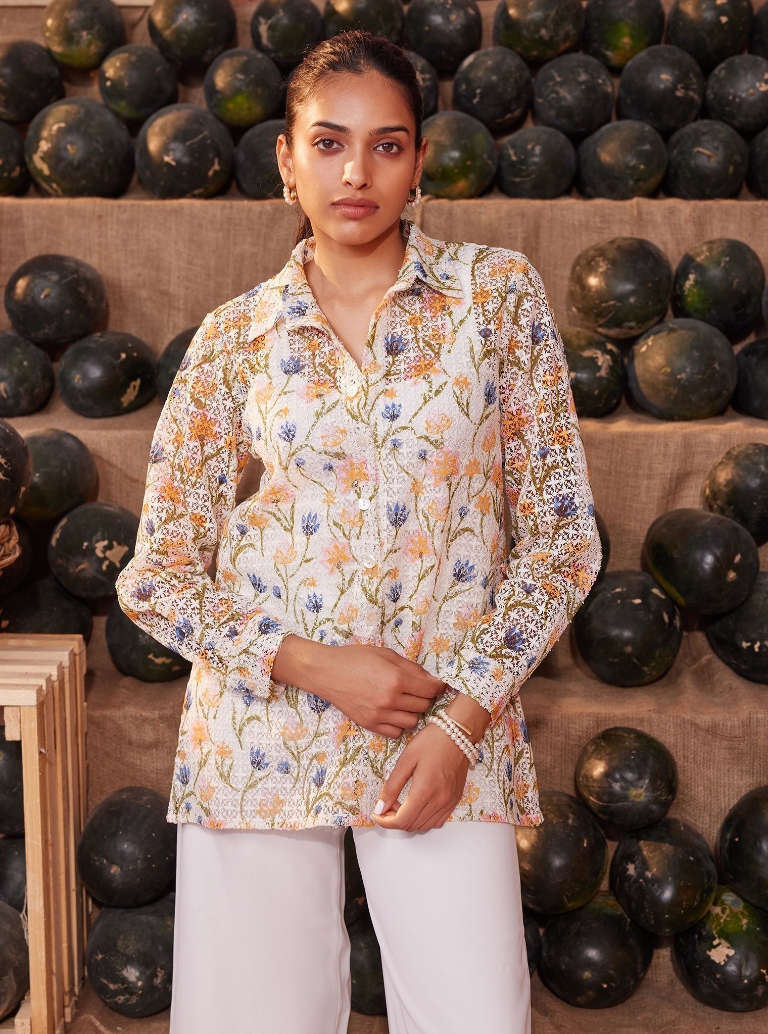 Lia Guipure White Printed Shirt