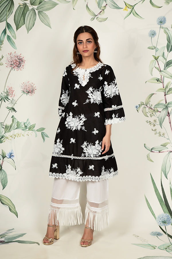 Mulmul Sunflower Black Kurta with Poppy Pyajama