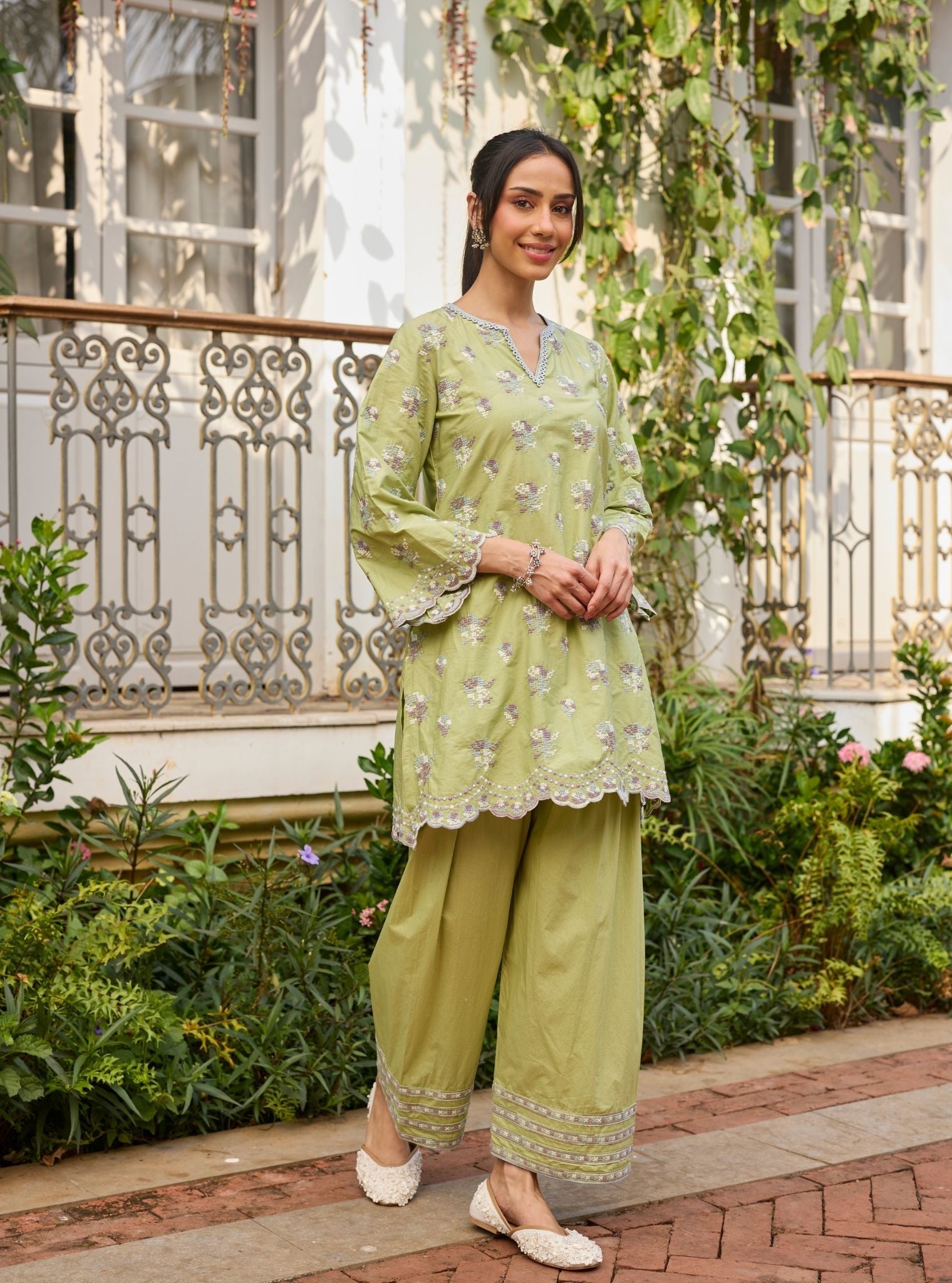 Aviya Supima Cotton Green Short Kurta Set