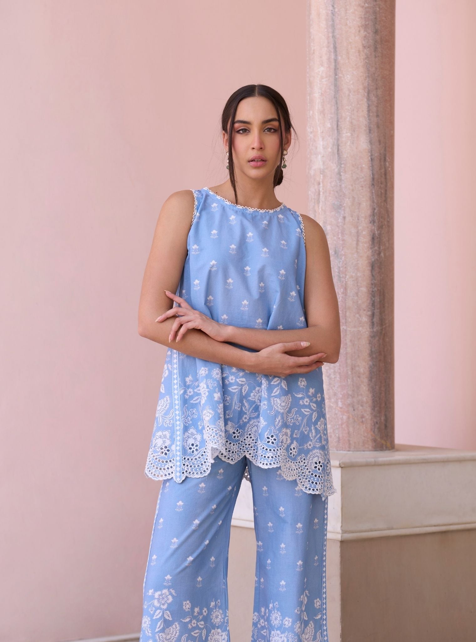 Zeenat Steel Blue Mulmul Supima Cotton Top Set