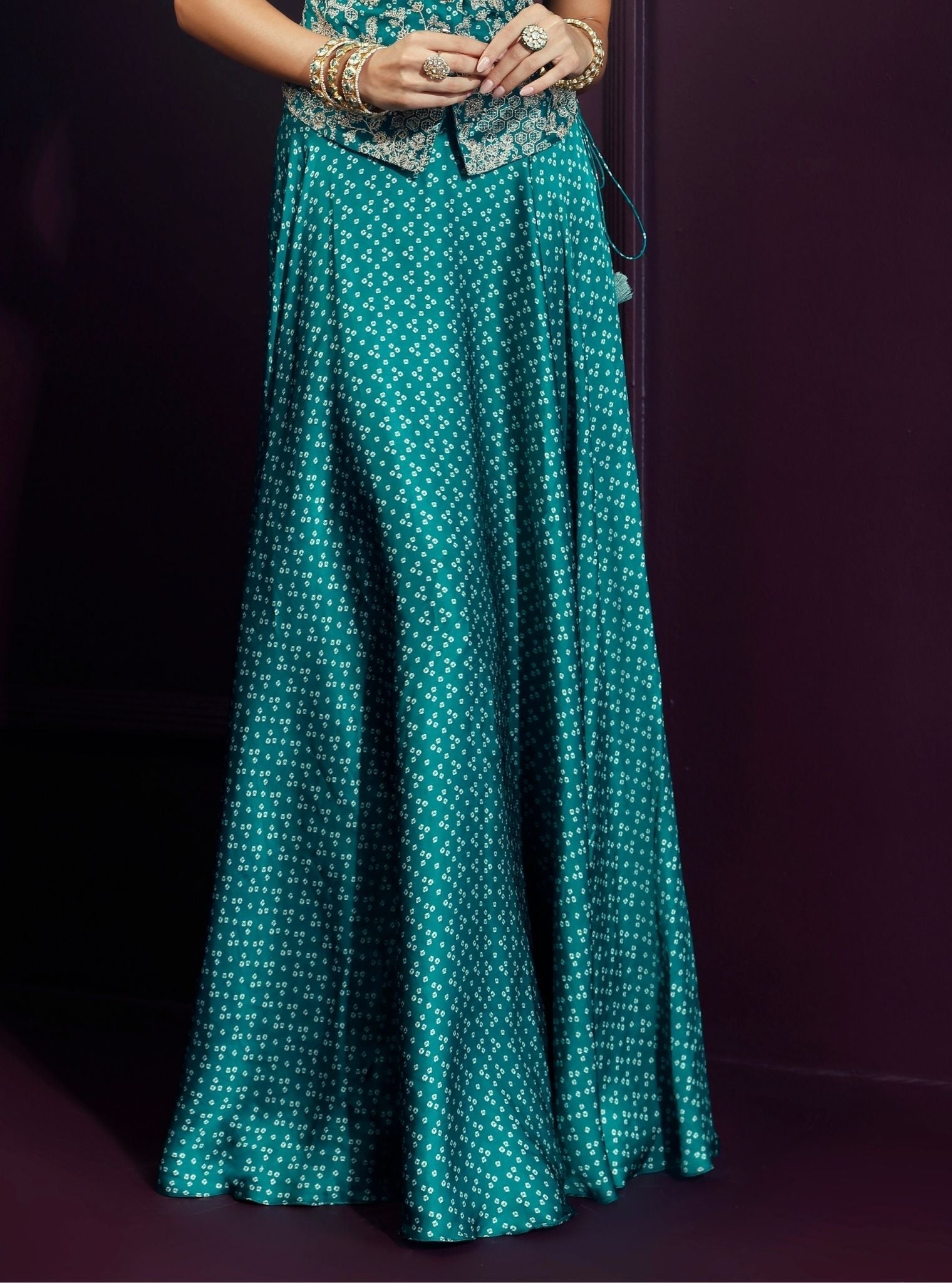 Kuhu Cupro Satin Printed Emerald Green Waistcoat with Skirt