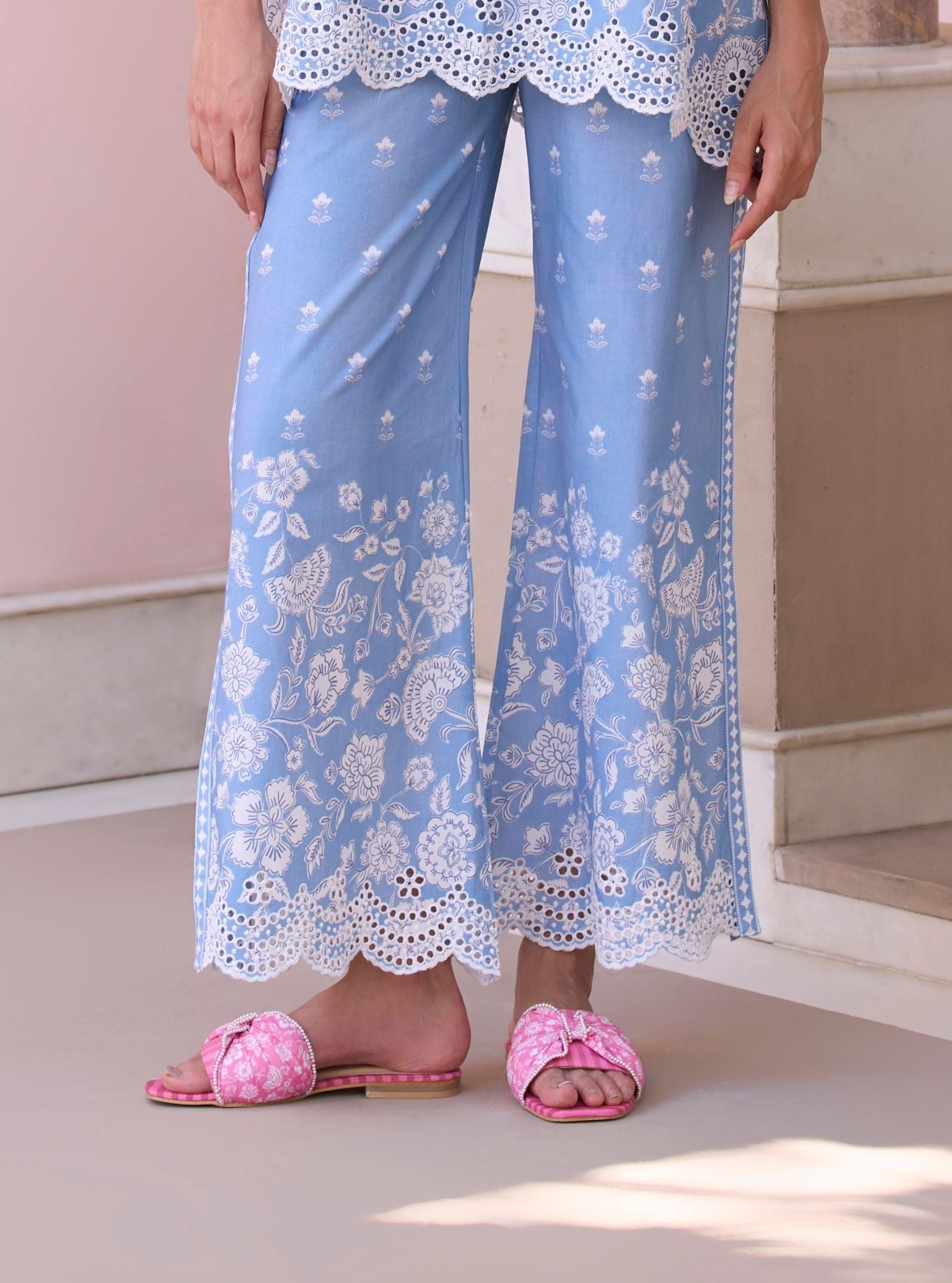 Zeenat Steel Blue Mulmul Supima Cotton Top Set