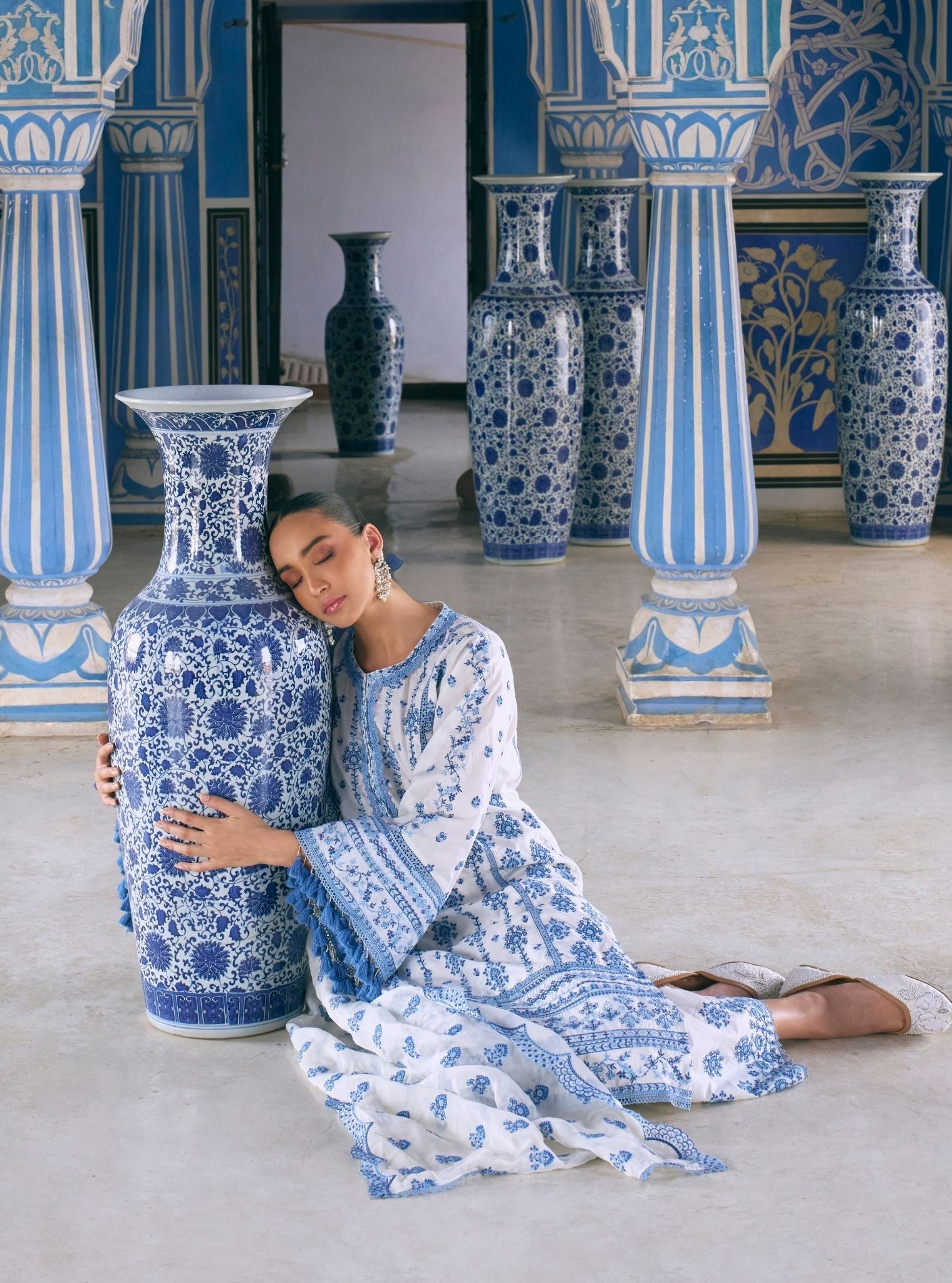 Lomeya Supima Cotton White & Blue Kurta Set