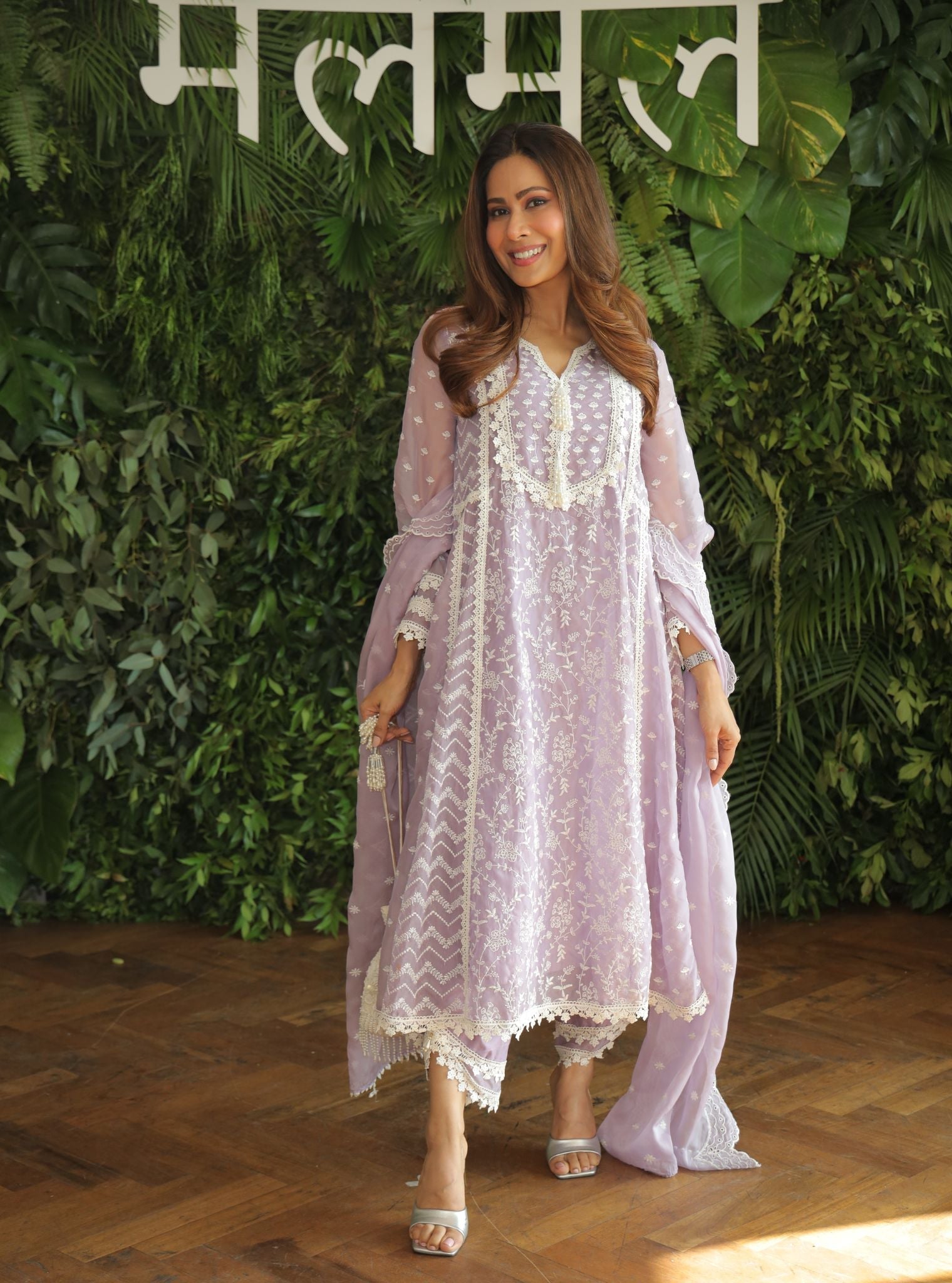 Mulmul Organza Keerth Lavender Anarkali Kurta With Mulmul Cotton Keerth Lavender Pant