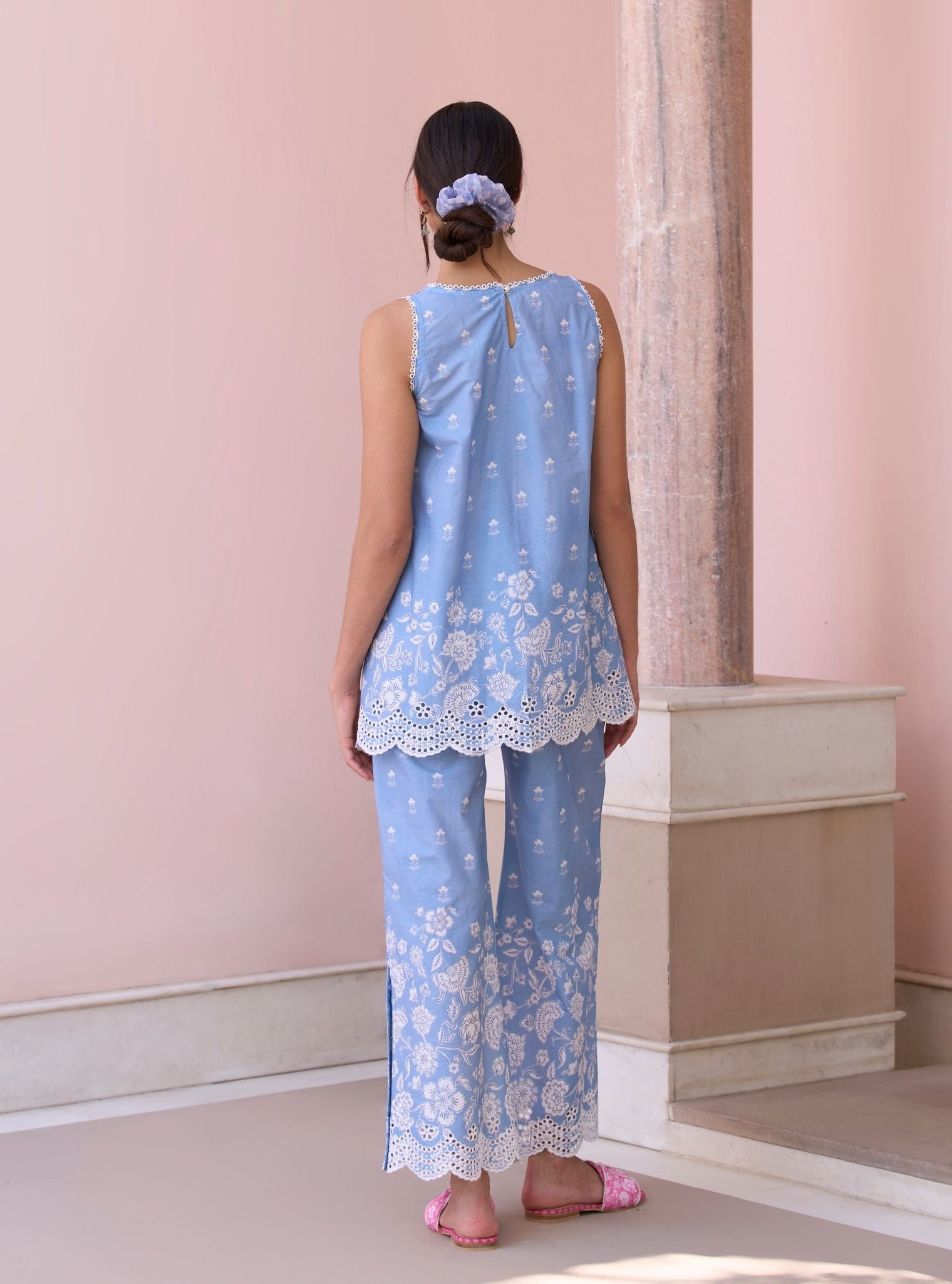 Zeenat Steel Blue Mulmul Supima Cotton Top Set