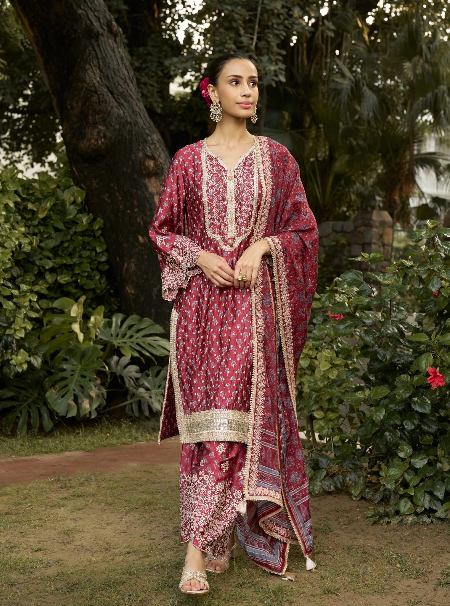Kissa Cupro Satin Red Ajrakh Print Kurta Set