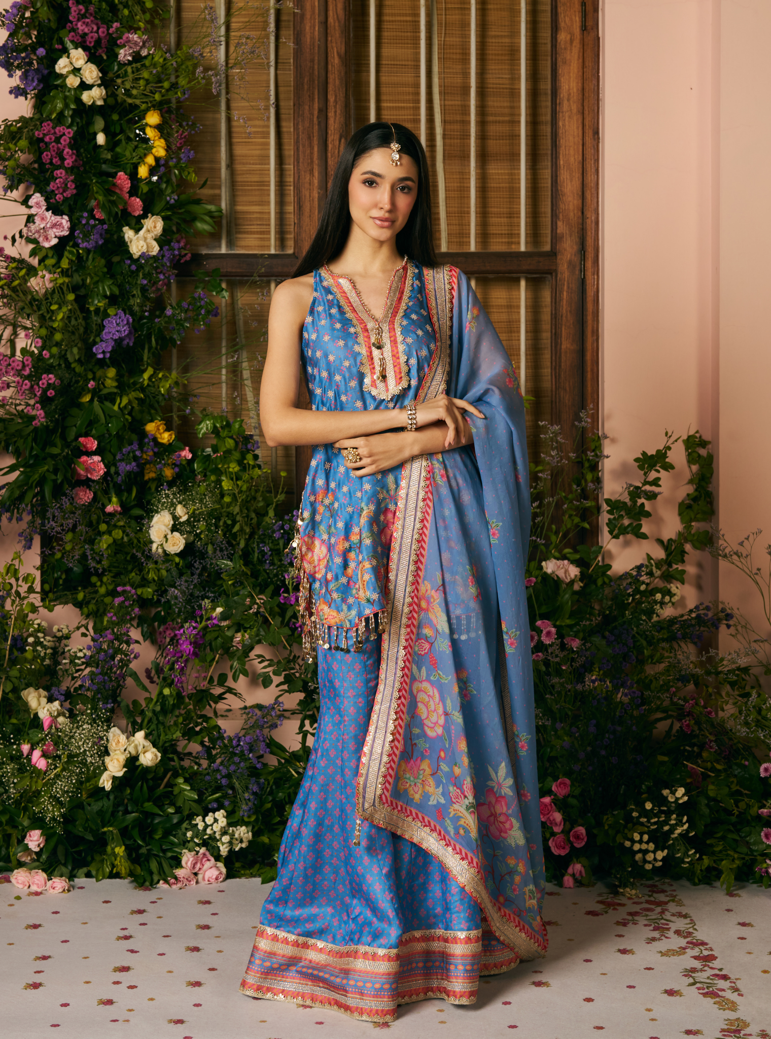 Chakori Linen Satin Steel Blue Printed Kurta Set