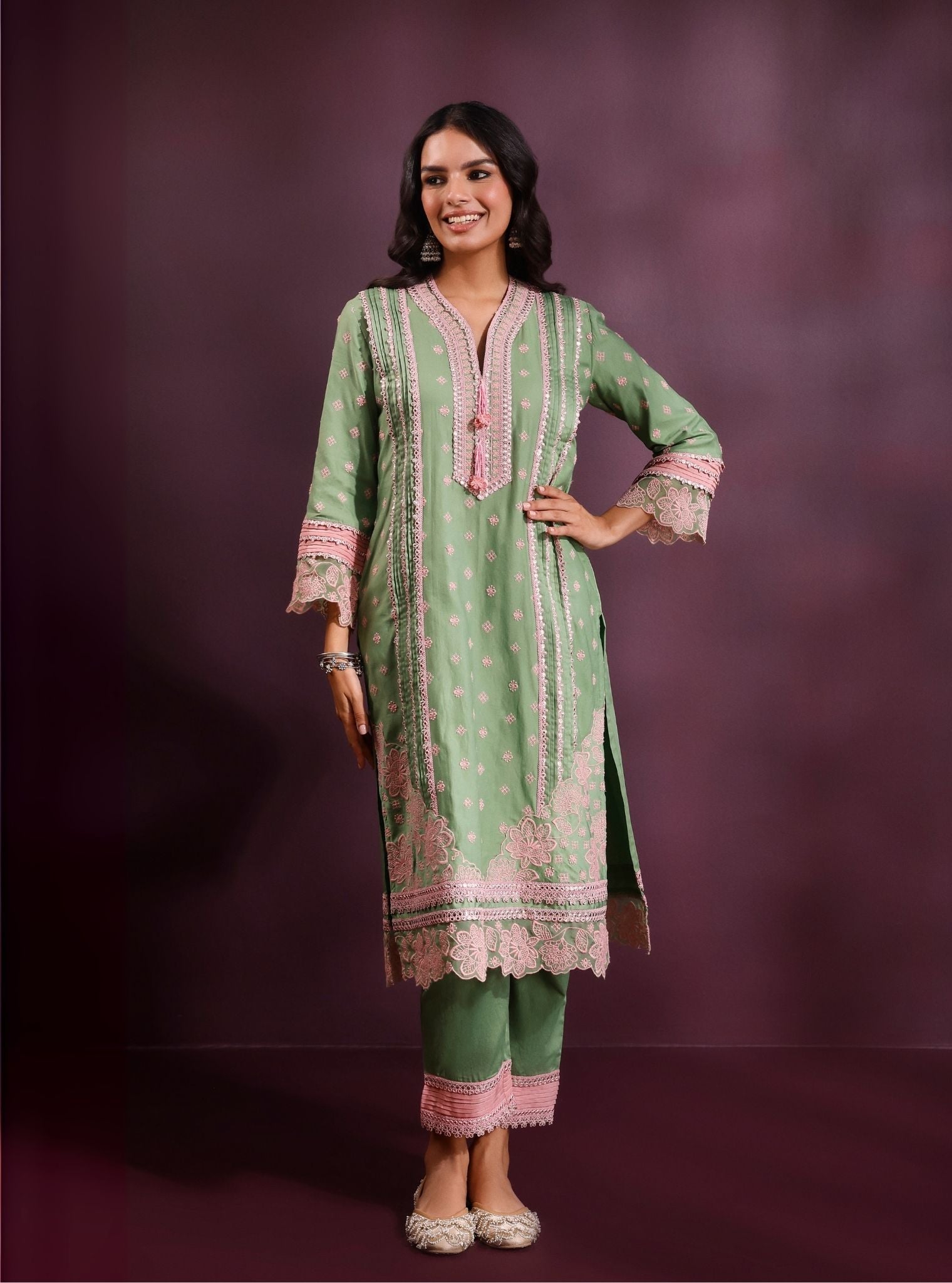 Pira Pima Satin Parrot Green Kurta Set