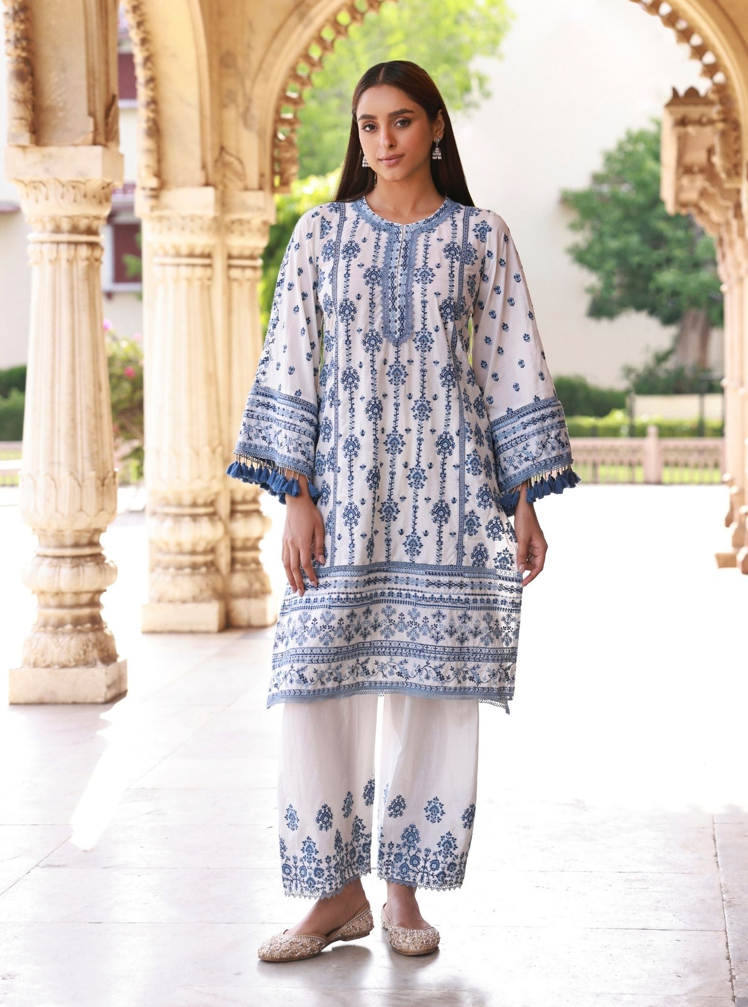 Lomeya Supima Cotton White & Blue Kurta Set
