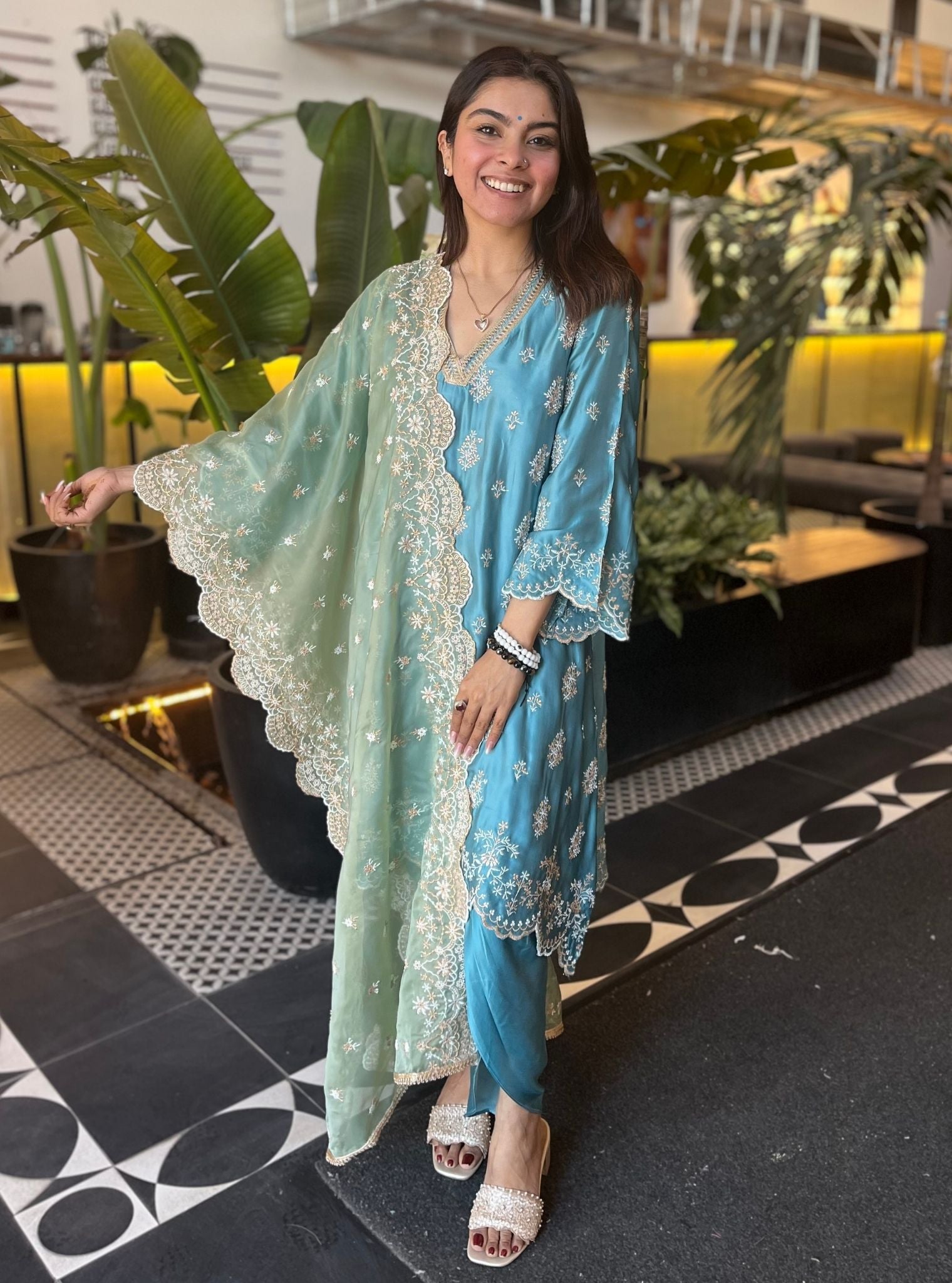Callaia Cupro Satin Teal Blue Kurta Set