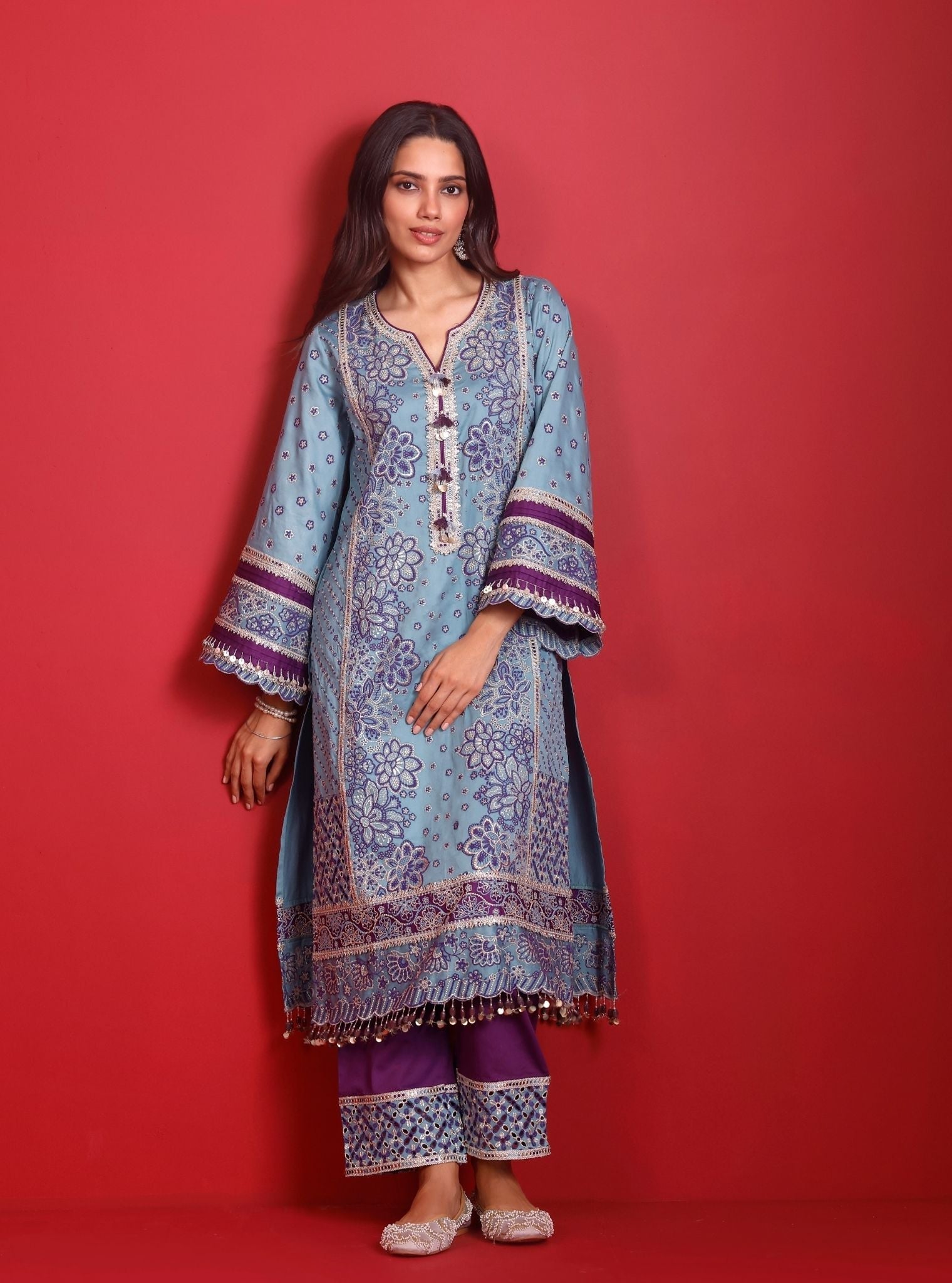 Renu Pima Satin Sky Blue Kurta with Purple Pant Set