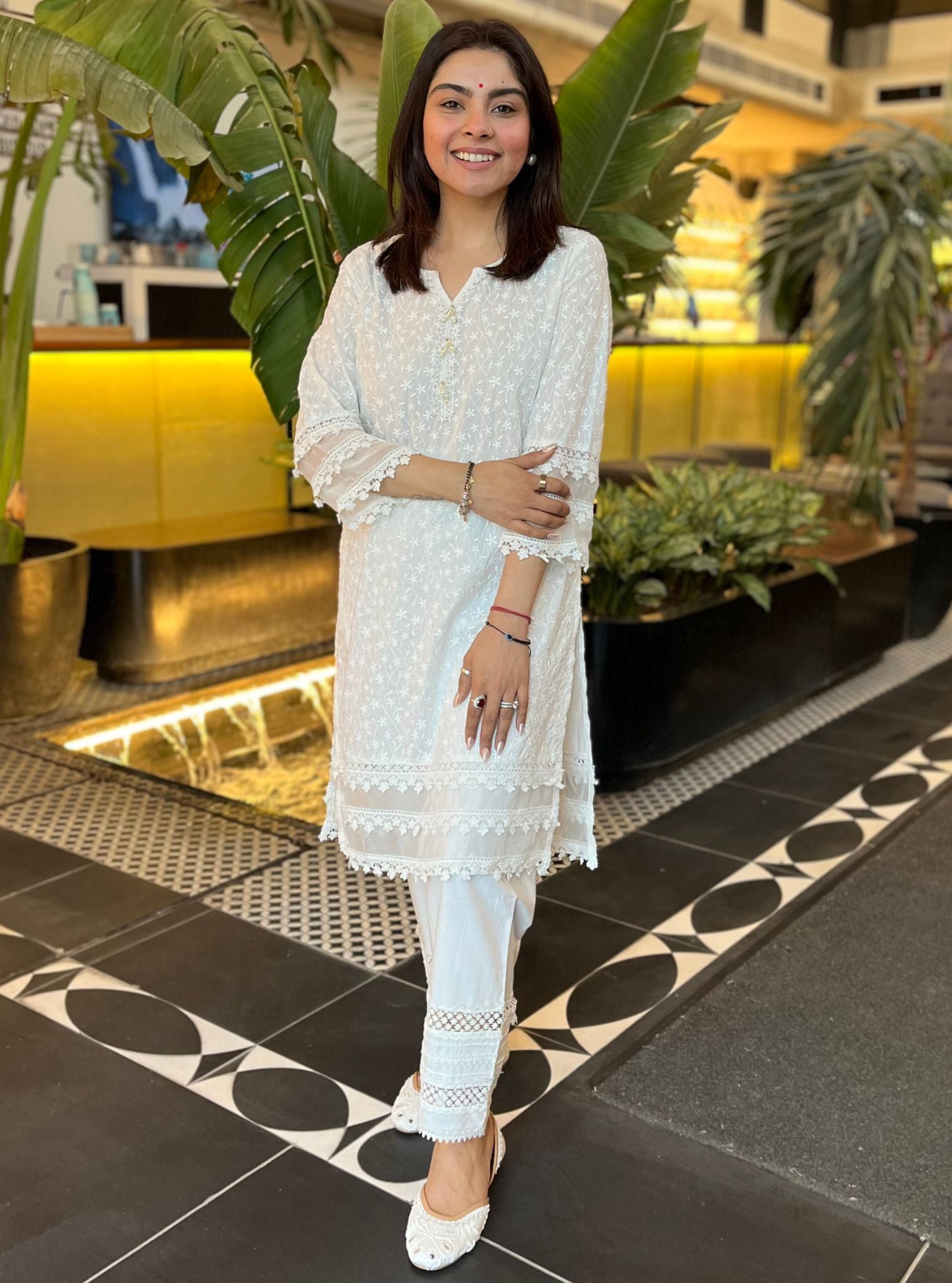 Rosine Supima Cotton White Kurta With Floral Ladder Slim Pant