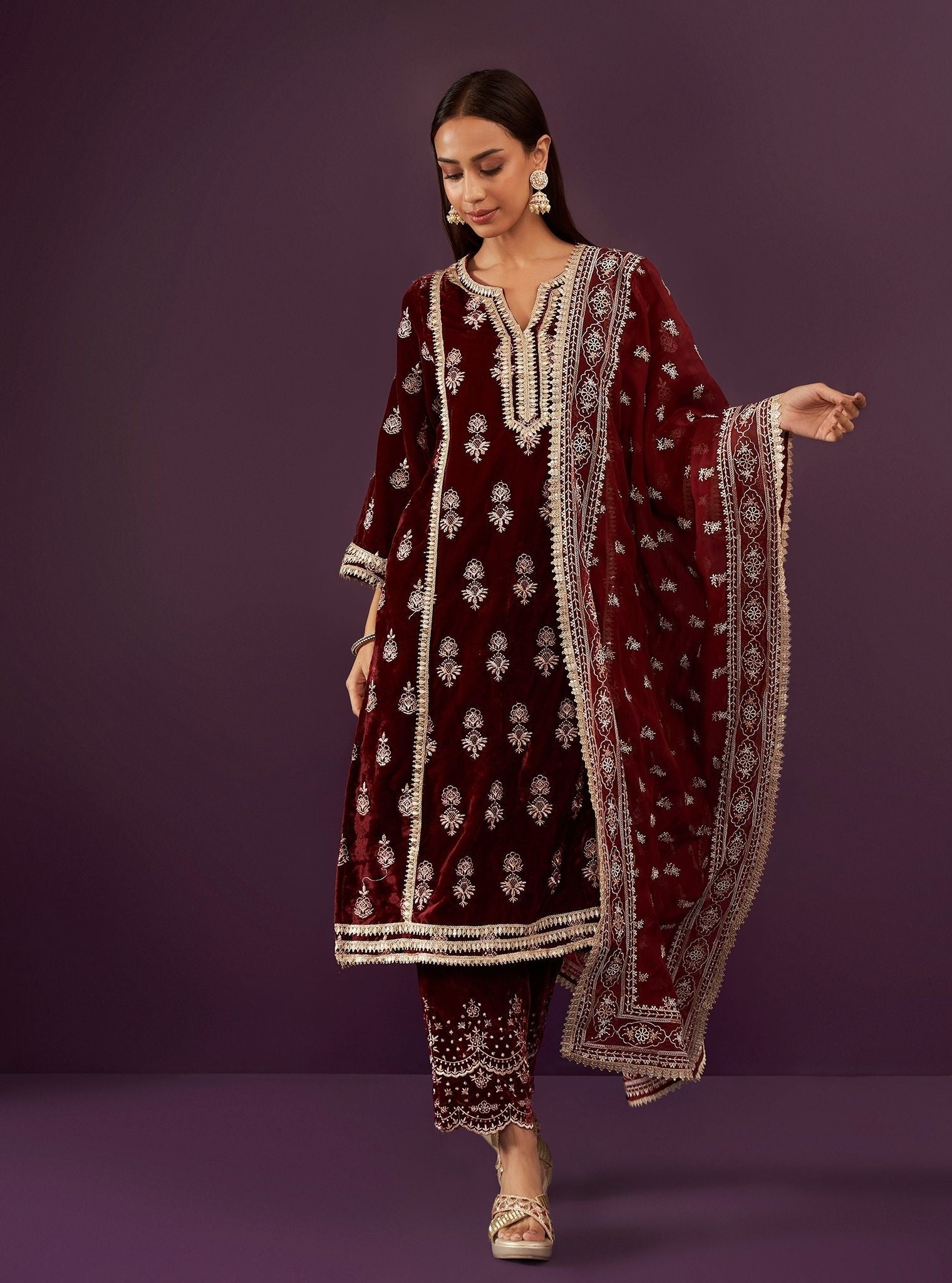 Kumani Velvet Wine Kurta Set