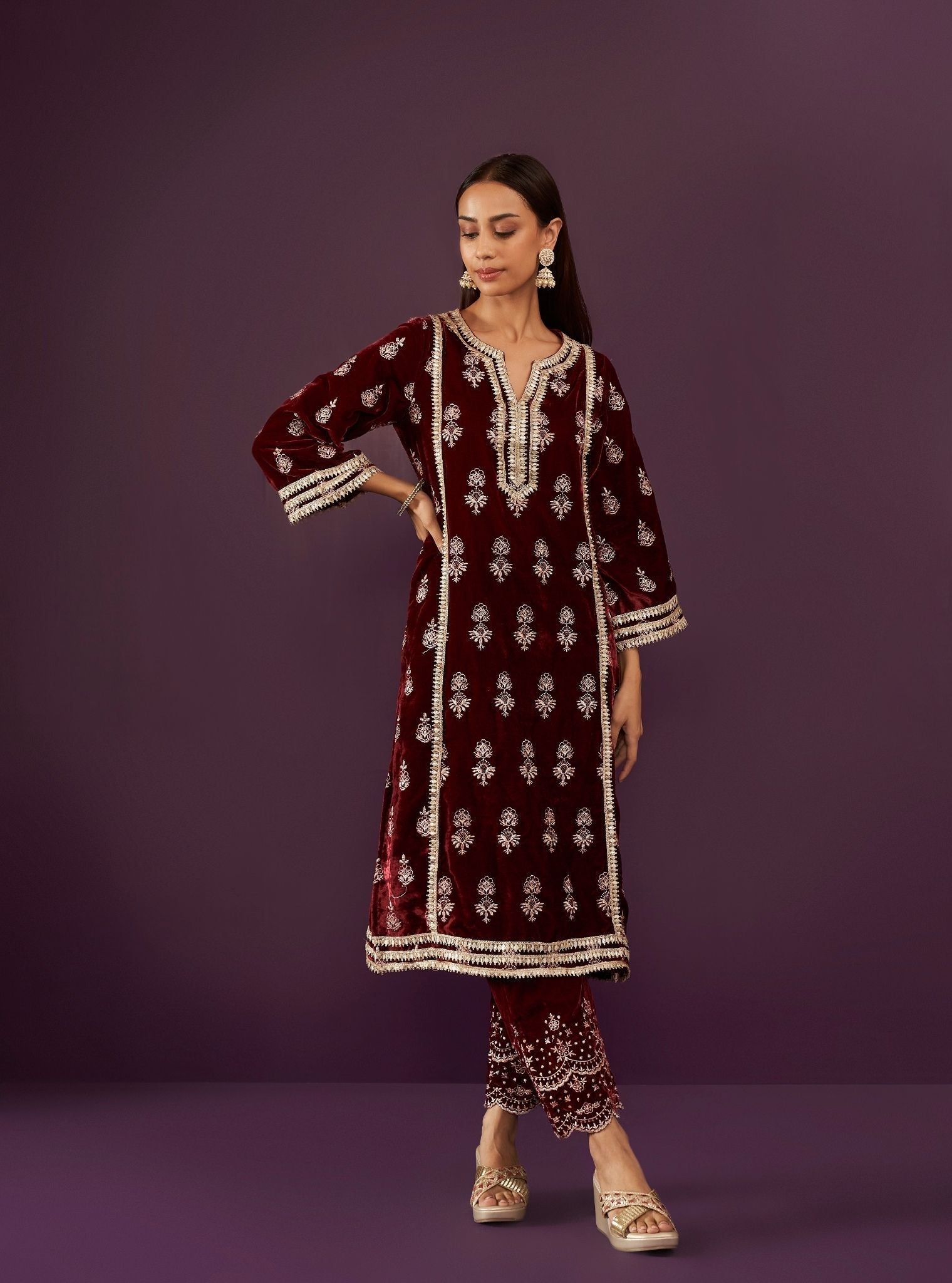 Kumani Velvet Wine Kurta Set