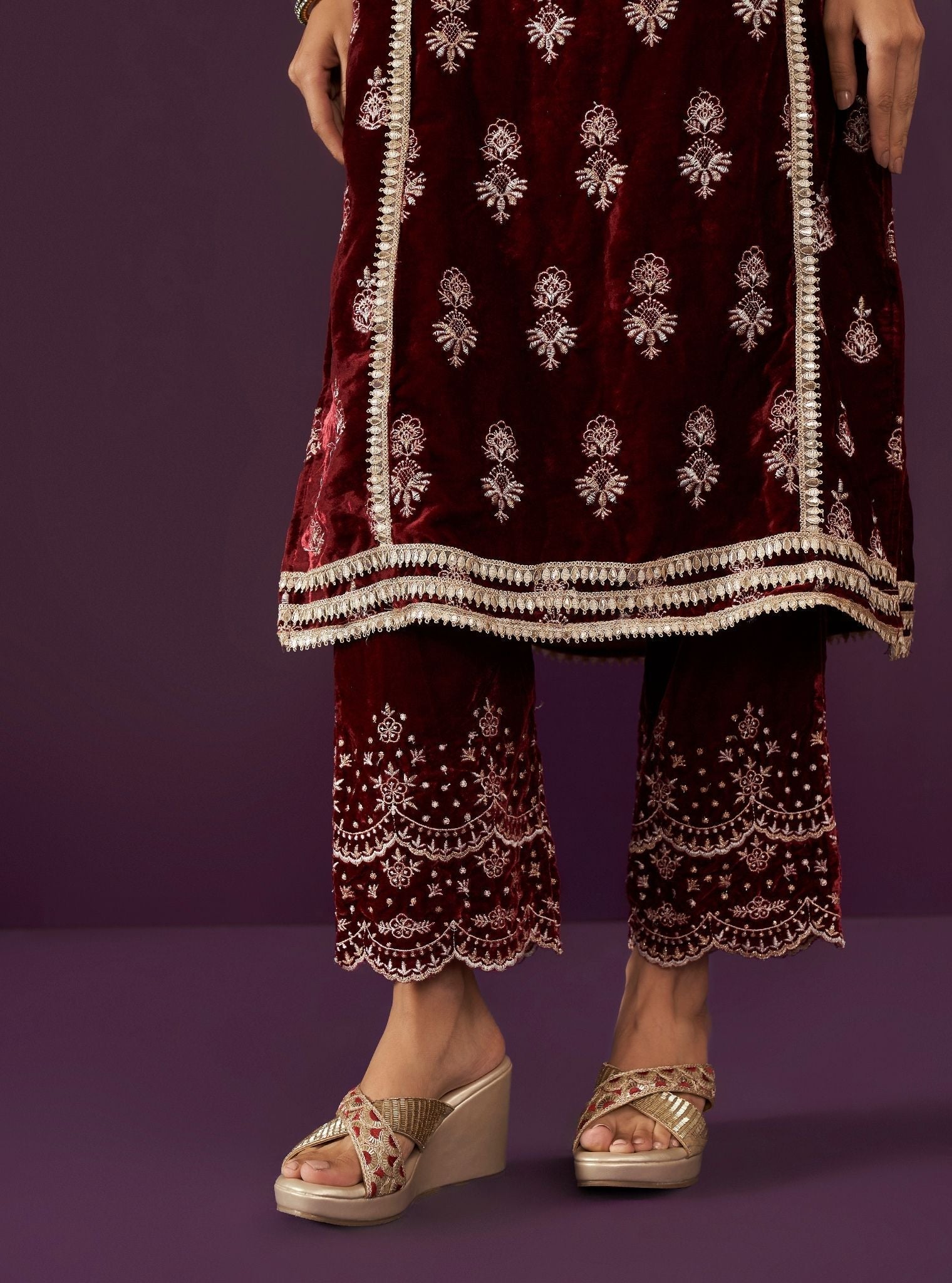 Kumani Velvet Wine Kurta Set
