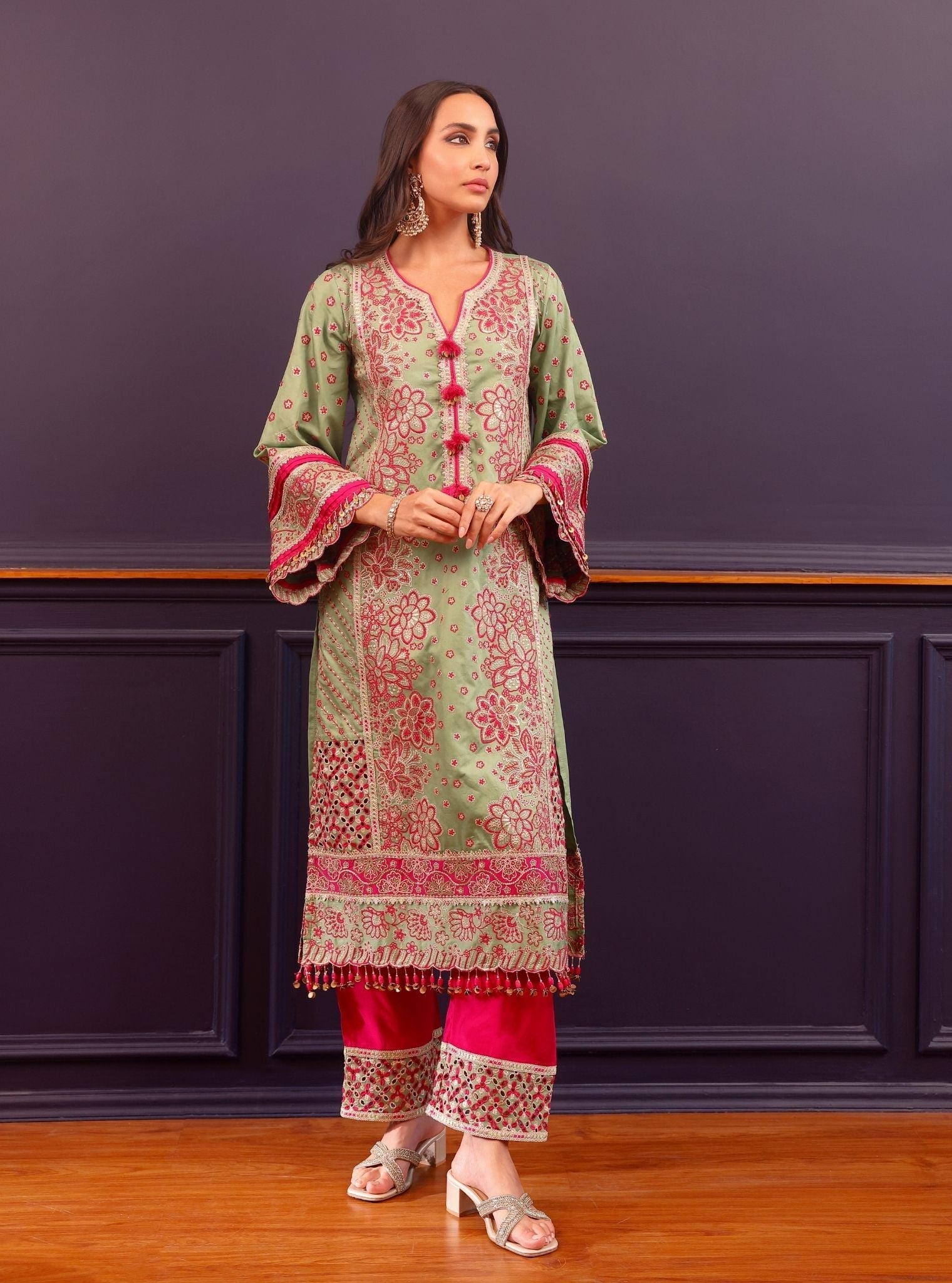 Renu Pima Satin Parrot Green Kurta with Fuchsia Pant Set