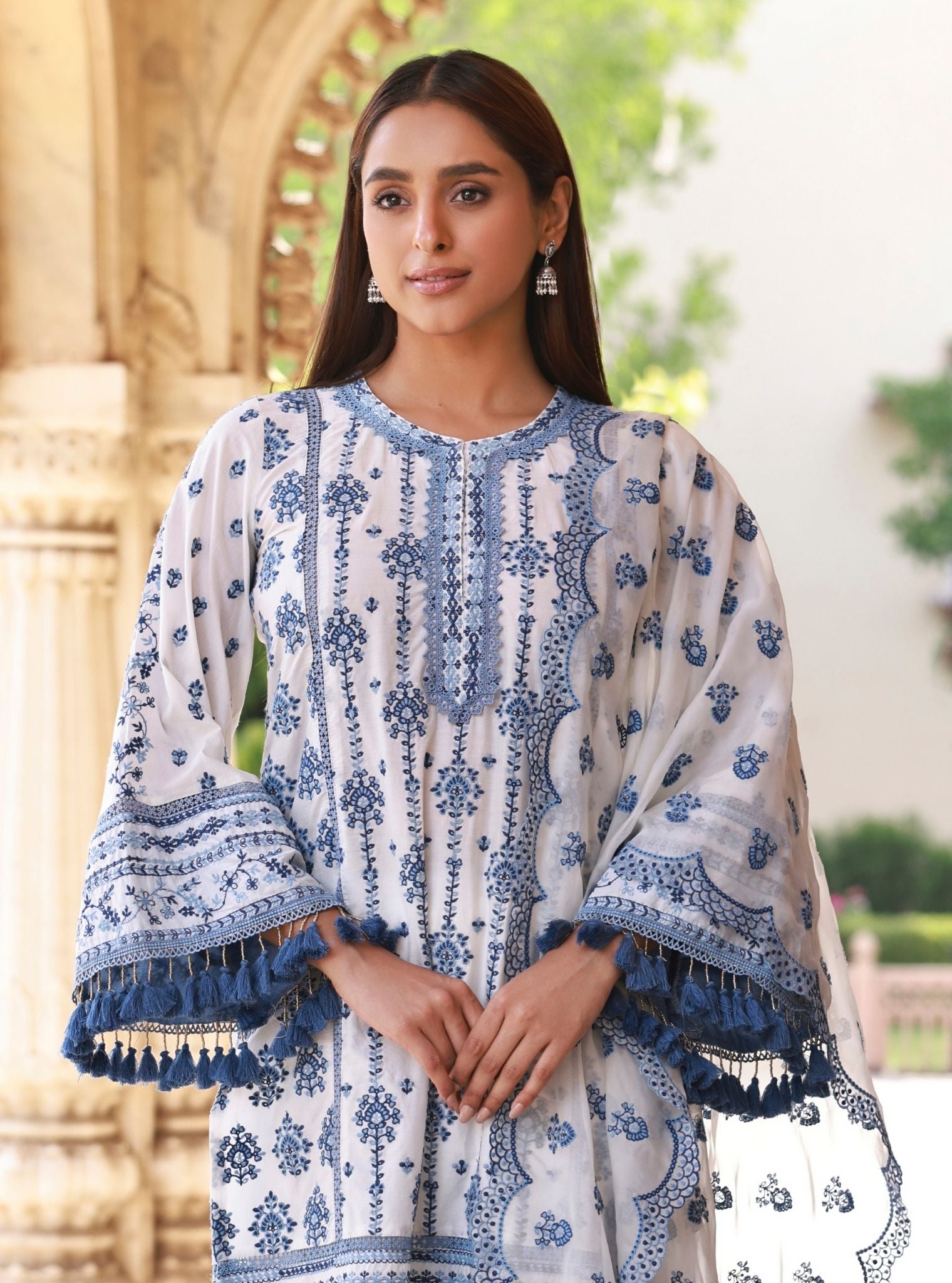 Lomeya Supima Cotton White & Blue Kurta Set