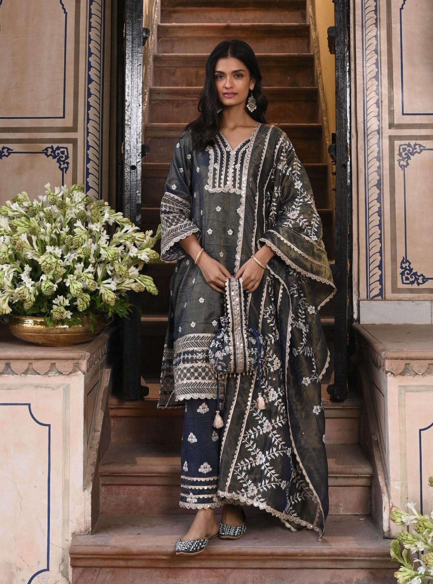 Sajni Luxe Tissue Satin Navy Kurta Set