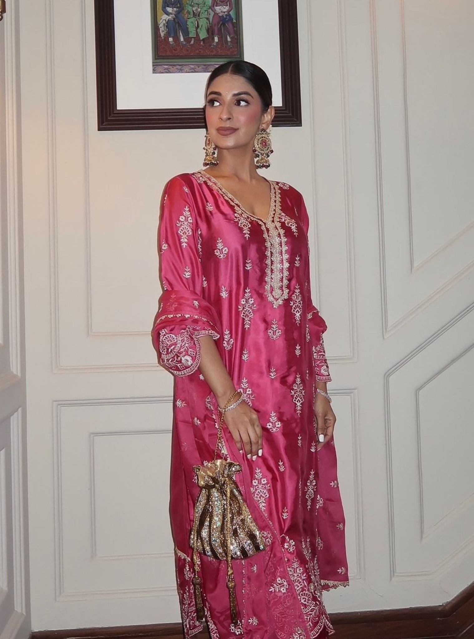 Emon Cupro Satin Fuschia Kurta With Orange Pant