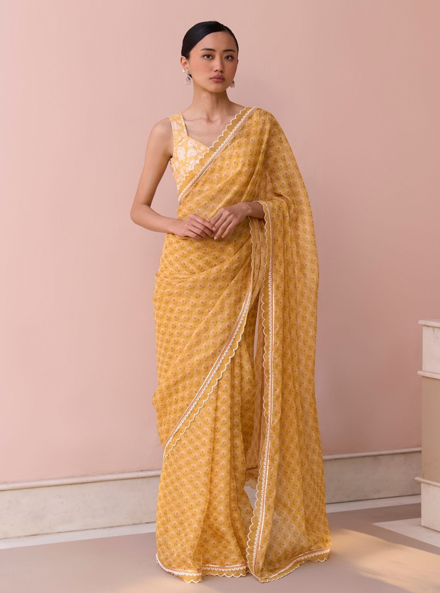 Clarimond Yellow Printed Organza Saree