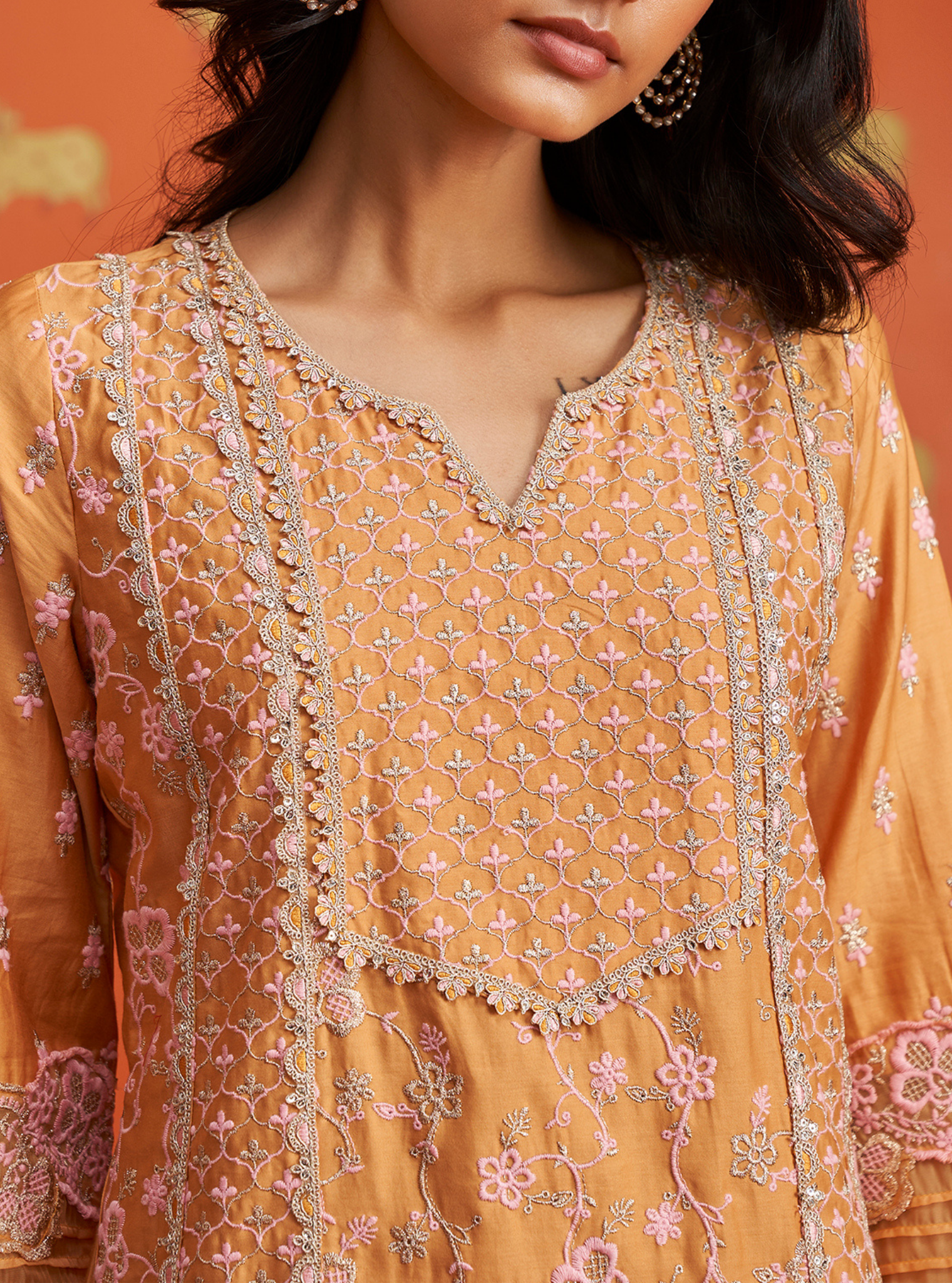 Anchali Pima Satin Orange Kurta Set