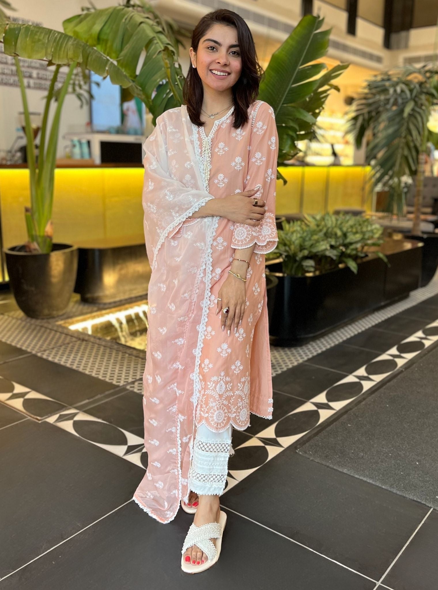 Arpora Supima Cotton Peach Kurta With Floral Ladder Slim Pant